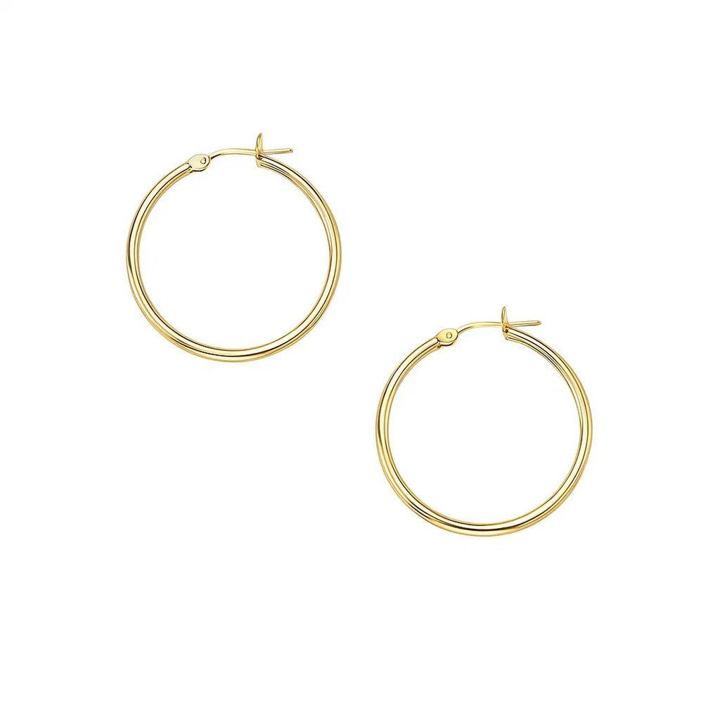 14k yellow gold polished hoop earrings with a sleek modern design, perfect for elegant everyday wear.
