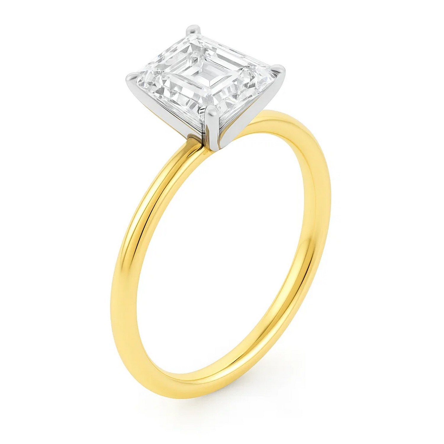 14k yellow gold solitaire ring featuring a 3 carat emerald and IGI G/VS1 diamond in a modern design.