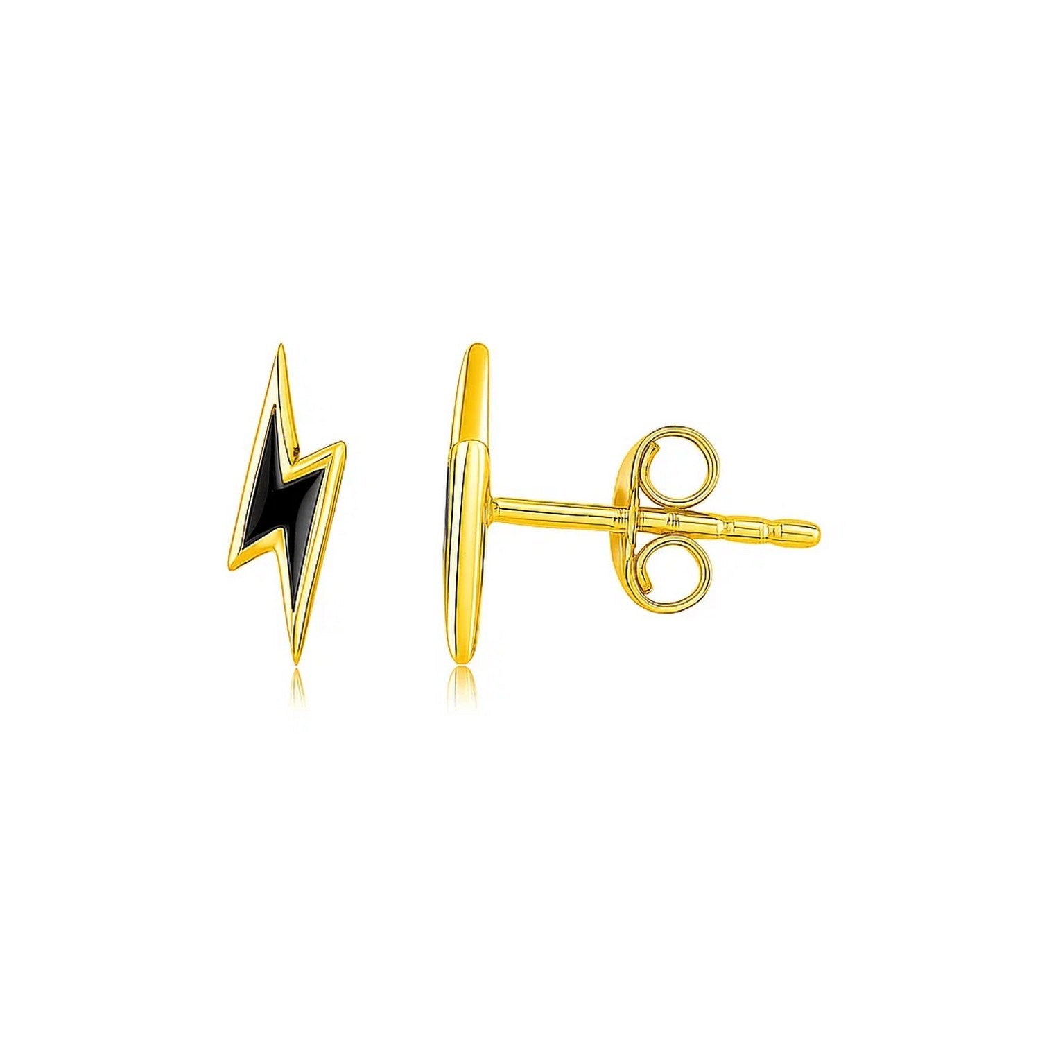 14k yellow gold stud earrings featuring modern black enamel lightning bolt design for a chic, edgy look.
