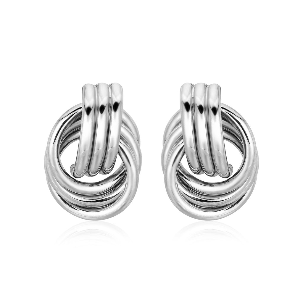 Polished sterling silver love knot earrings featuring interlocking rings in a modern design, perfect for luxury occasions.