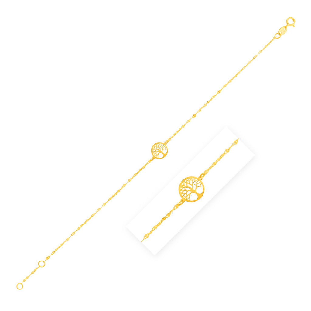 Elegant 14k yellow gold Tree of Life bracelet featuring a delicate chain design, perfect for sophisticated styling.
