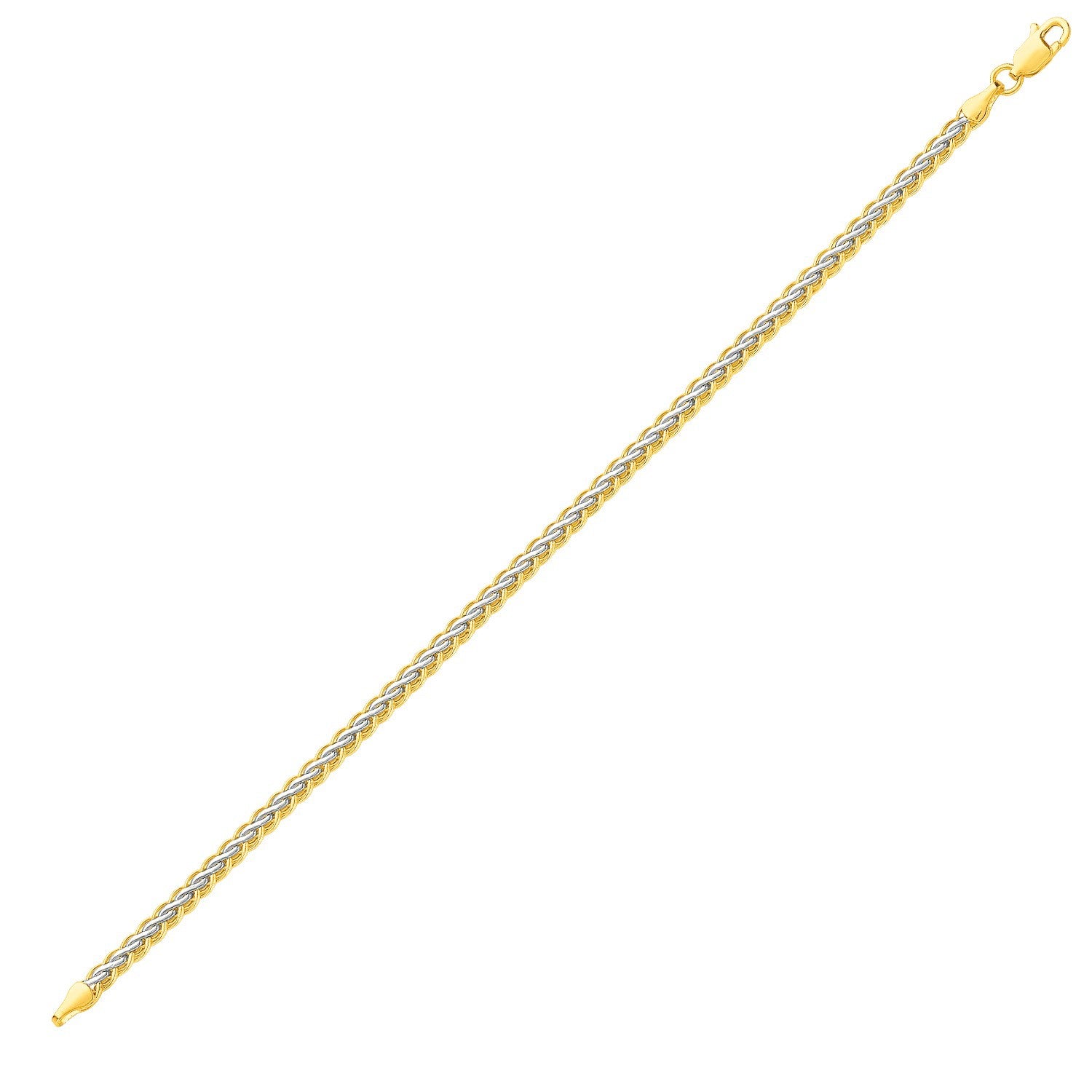 Two-toned 10k yellow and white gold fine wheat chain bracelet, elegant design with interlocking links.