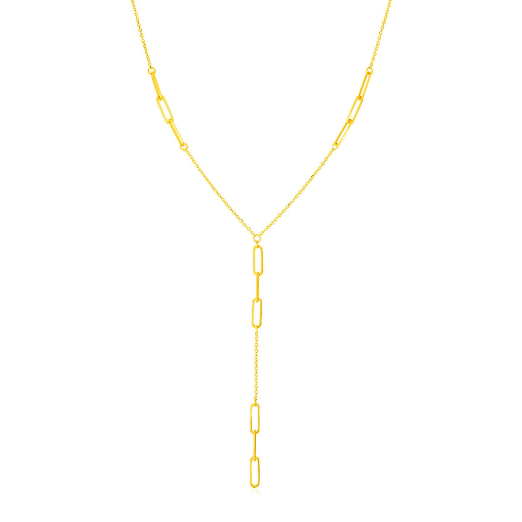 14K yellow gold lariat necklace featuring diamond accents and modern paperclip chain stations for a luxurious touch.