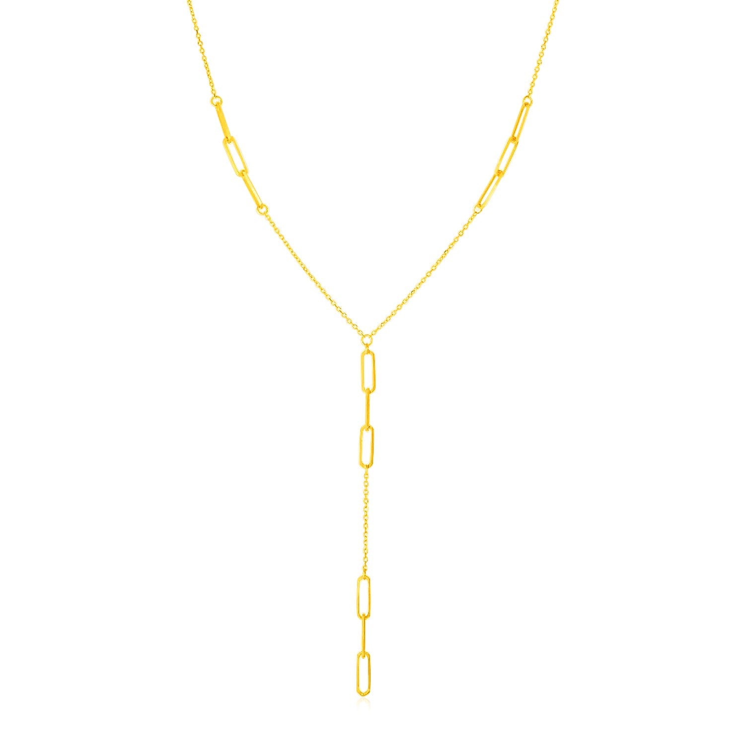 14K yellow gold lariat necklace featuring diamond accents and modern paperclip chain stations for a luxurious touch.
