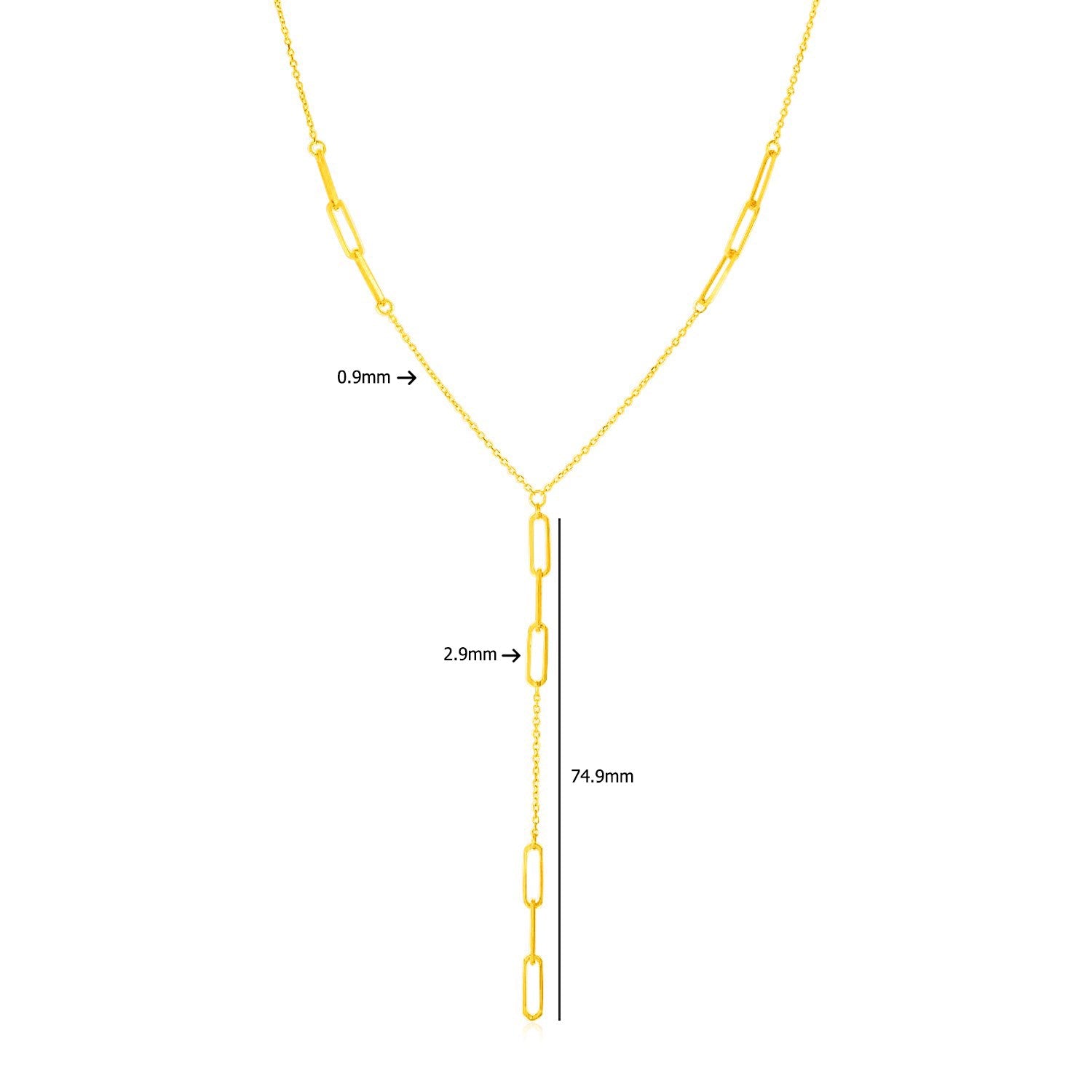 14K yellow gold lariat necklace featuring diamond accents and modern paperclip chain design, perfect for elegant layering.