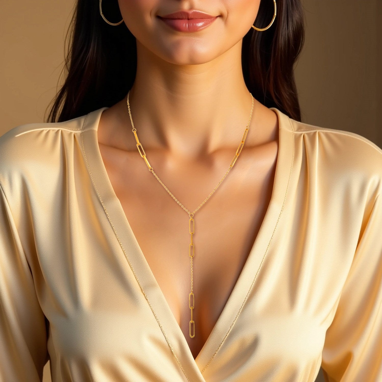 14K yellow gold lariat necklace featuring diamond accents and modern paperclip chain design, perfect for elegant layering.