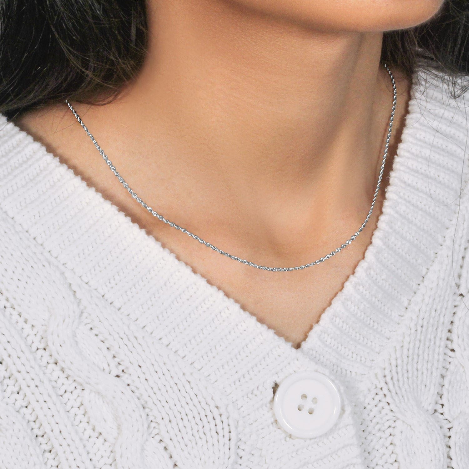 10k white gold solid diamond cut rope chain, modern design, featuring intricate diamond accents and a sleek finish.