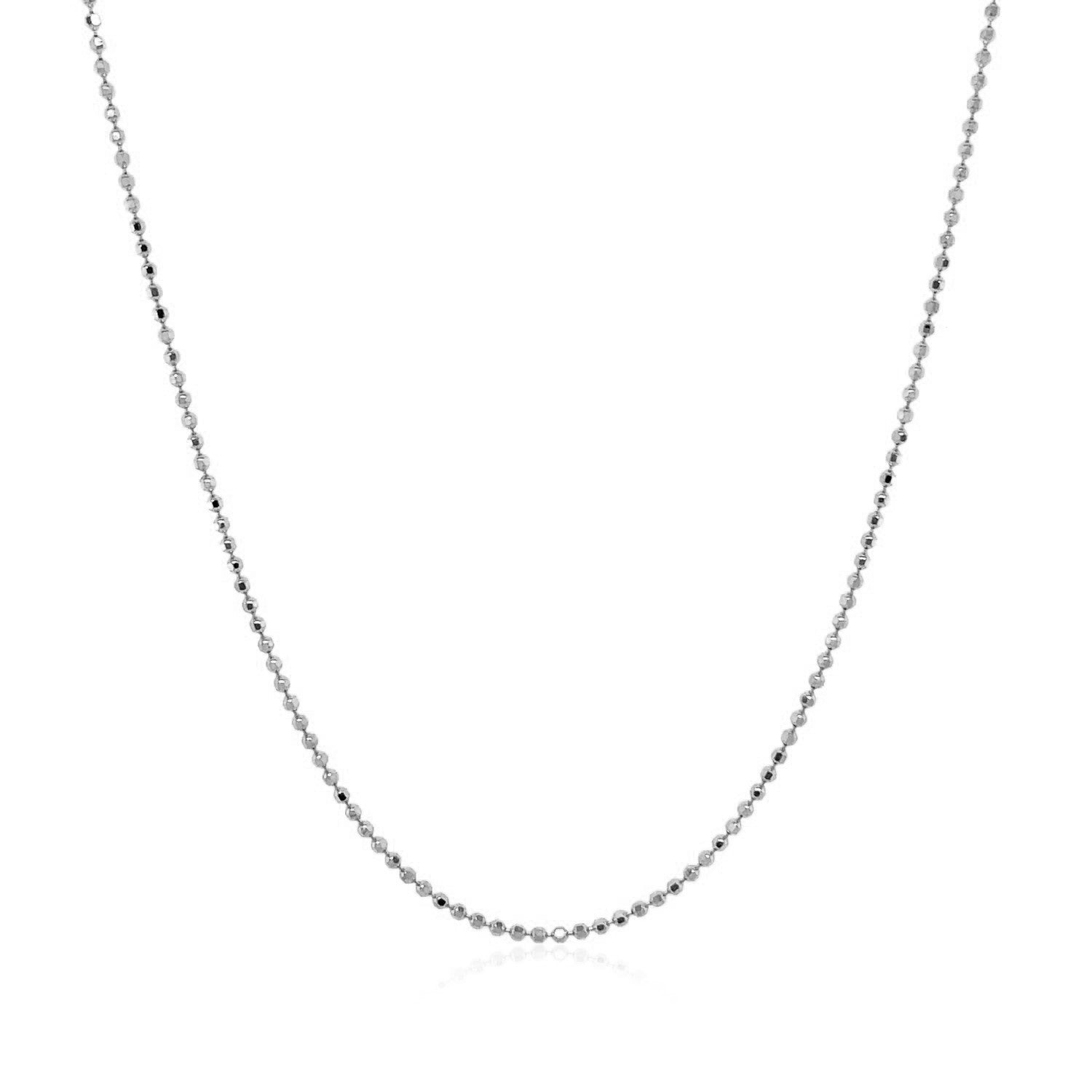 14k white gold diamond cut bead chain, contemporary design, 0.90 mm thickness, perfect for layering or standalone elegance.