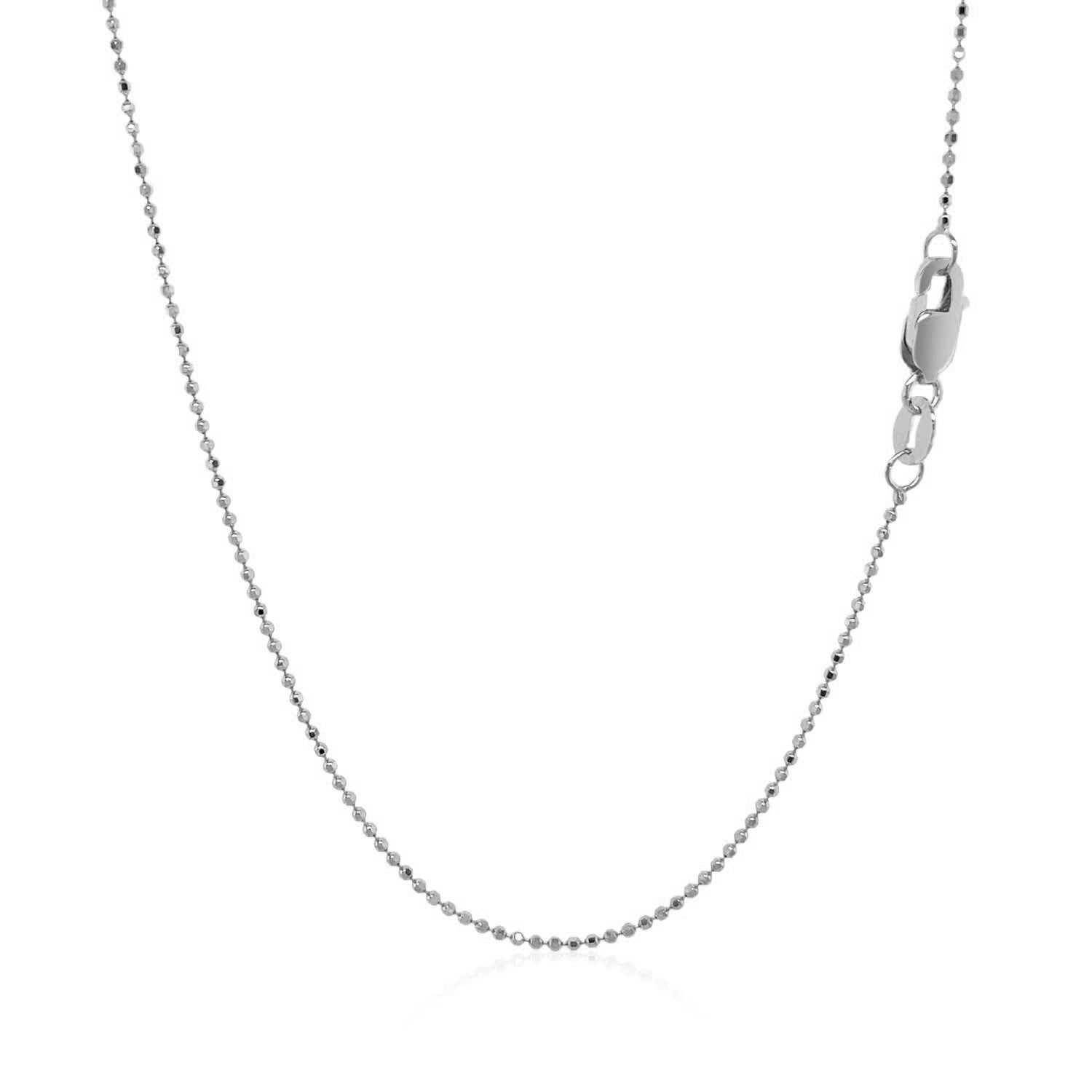 14k white gold diamond cut bead chain, contemporary design, featuring delicate 0.90 mm links for a luxurious look.