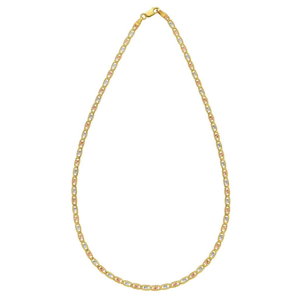 Elegant 14k tri-color gold pave Valentino chain featuring intricate links, perfect for layering or standalone wear.