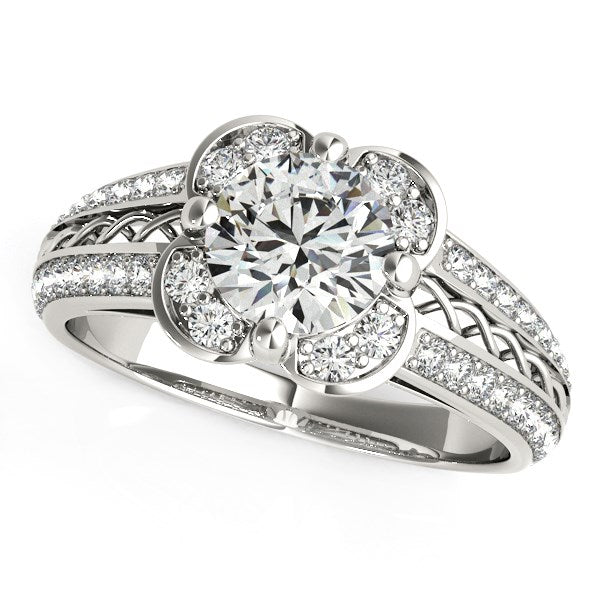 Round diamond floral motif engagement ring in 14k white gold, featuring a stunning 1 3/8 cttw design for elegant proposals.