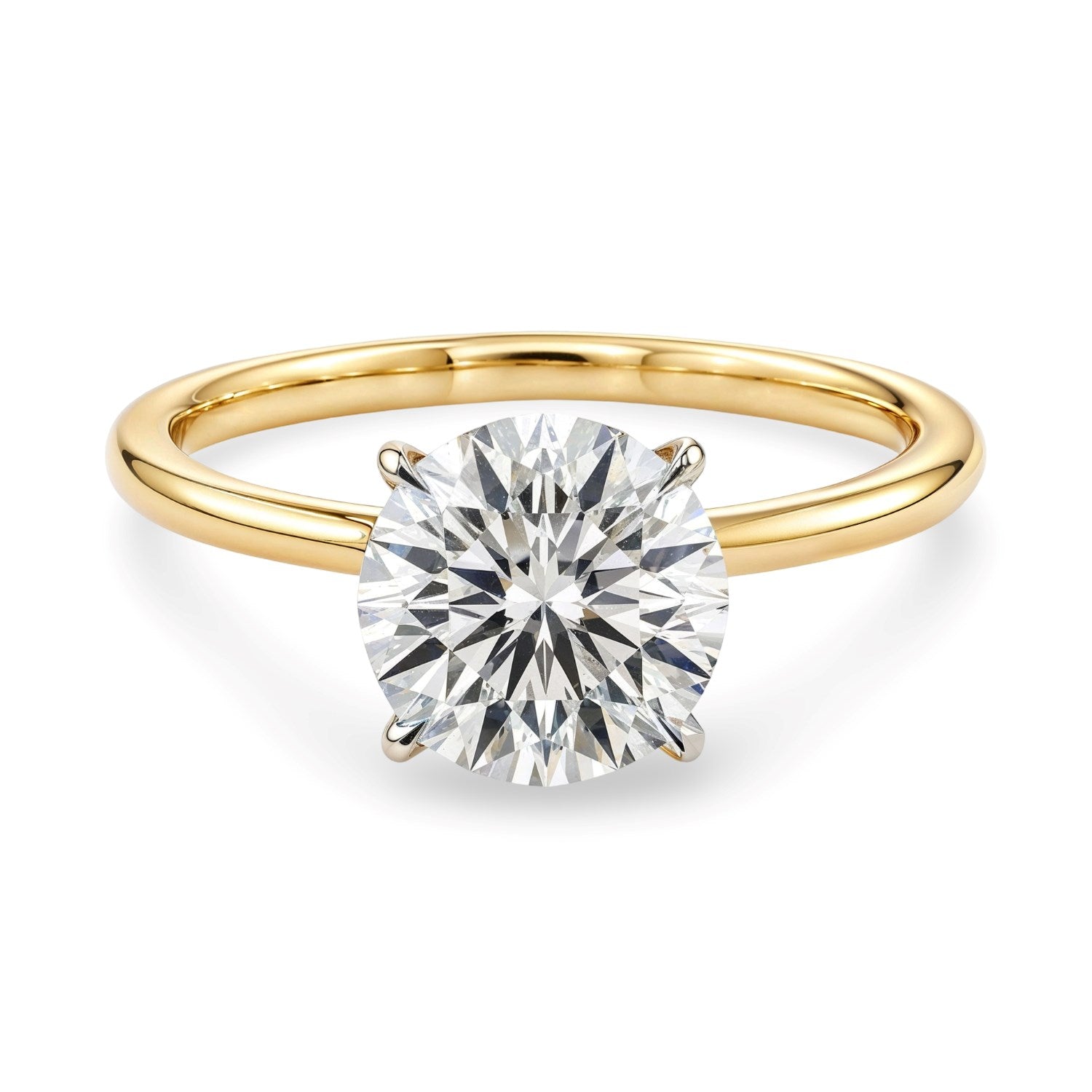 14k yellow gold modern solitaire ring featuring a stunning 2 carat round lab-grown diamond, IGI G/VS1 certified.