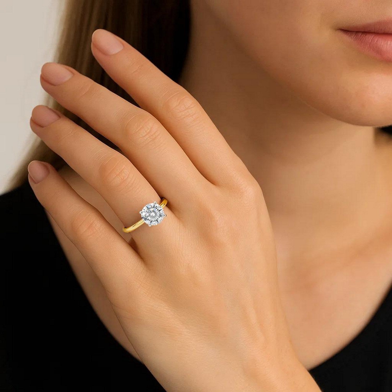 14k yellow gold modern solitaire ring featuring a stunning 2 carat round lab-grown diamond in IGI G/VS1 quality.