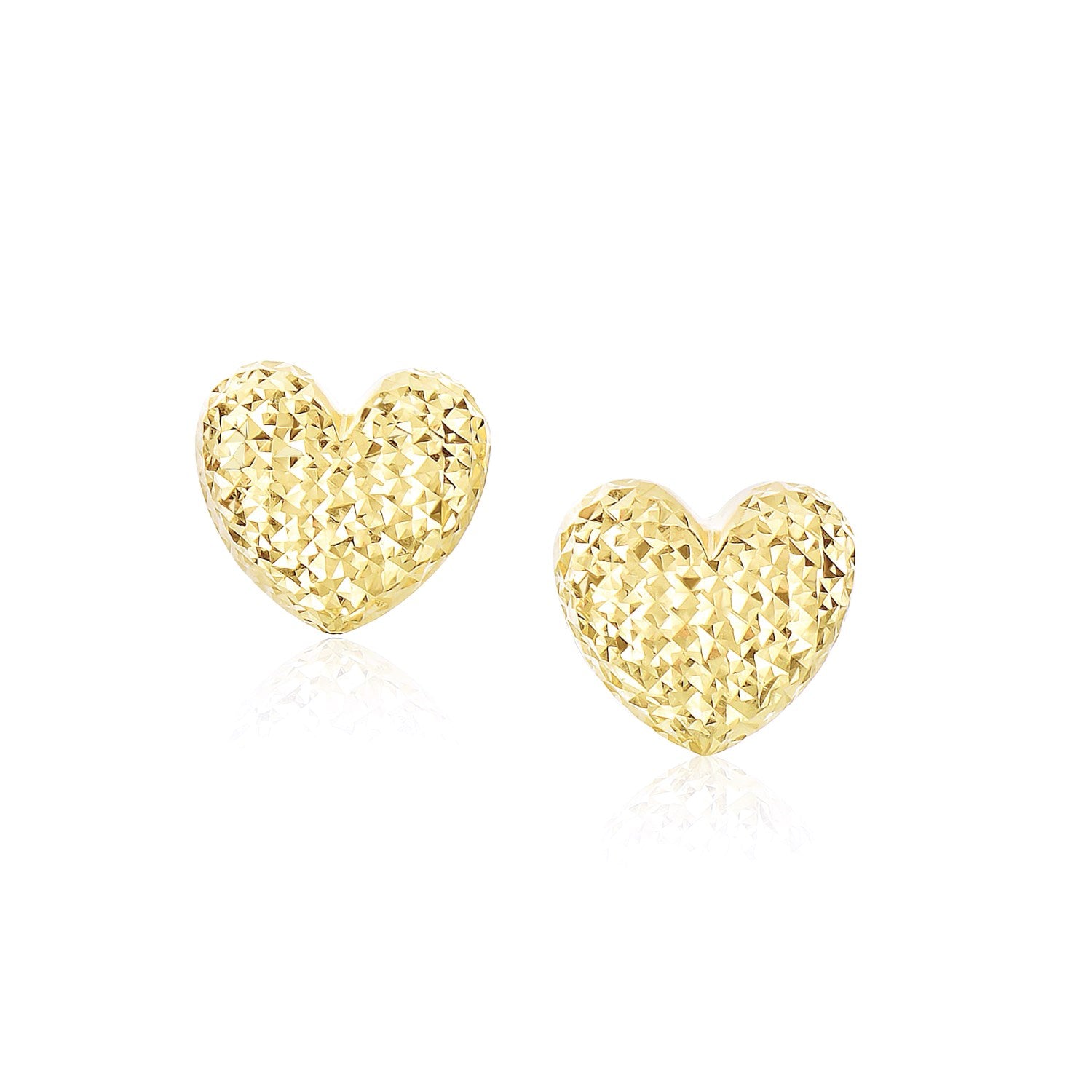 14k yellow gold diamond-cut puffed heart earrings exuding elegance and luxury, perfect for any sophisticated occasion.