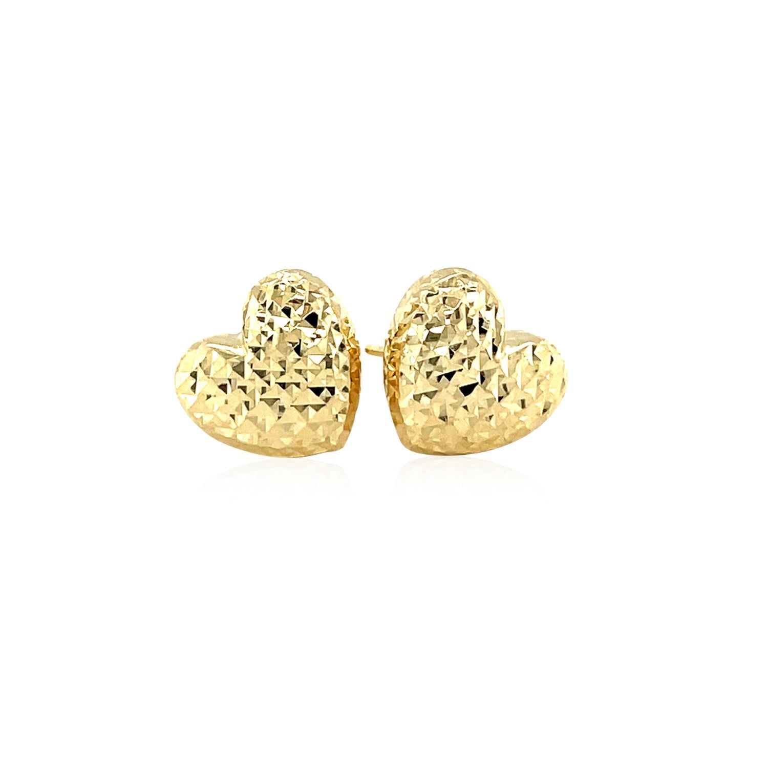 Elegant 14k yellow gold diamond-cut puffed heart earrings, showcasing a luxurious design perfect for any occasion.