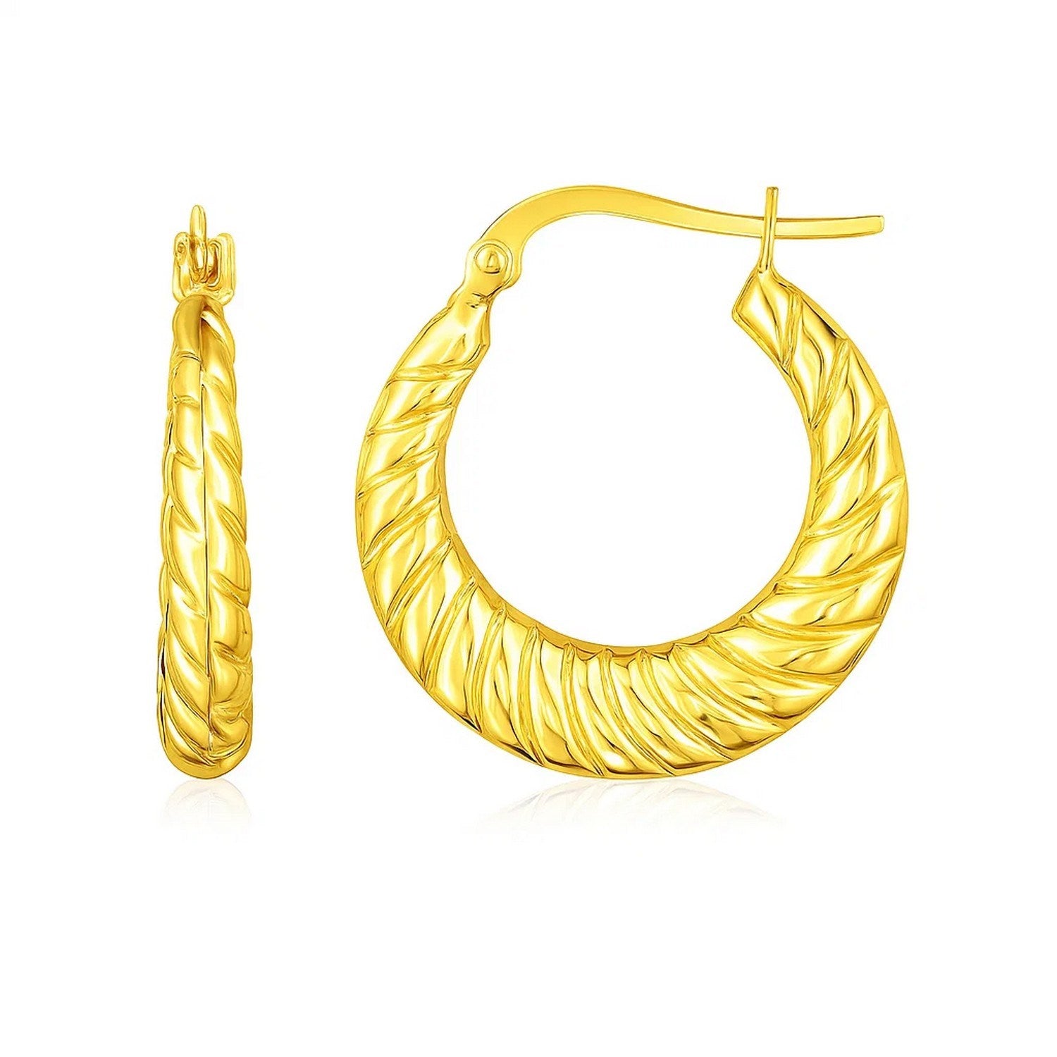 14k yellow gold polished twisted hoop earrings with a modern design, perfect for elegant occasions.