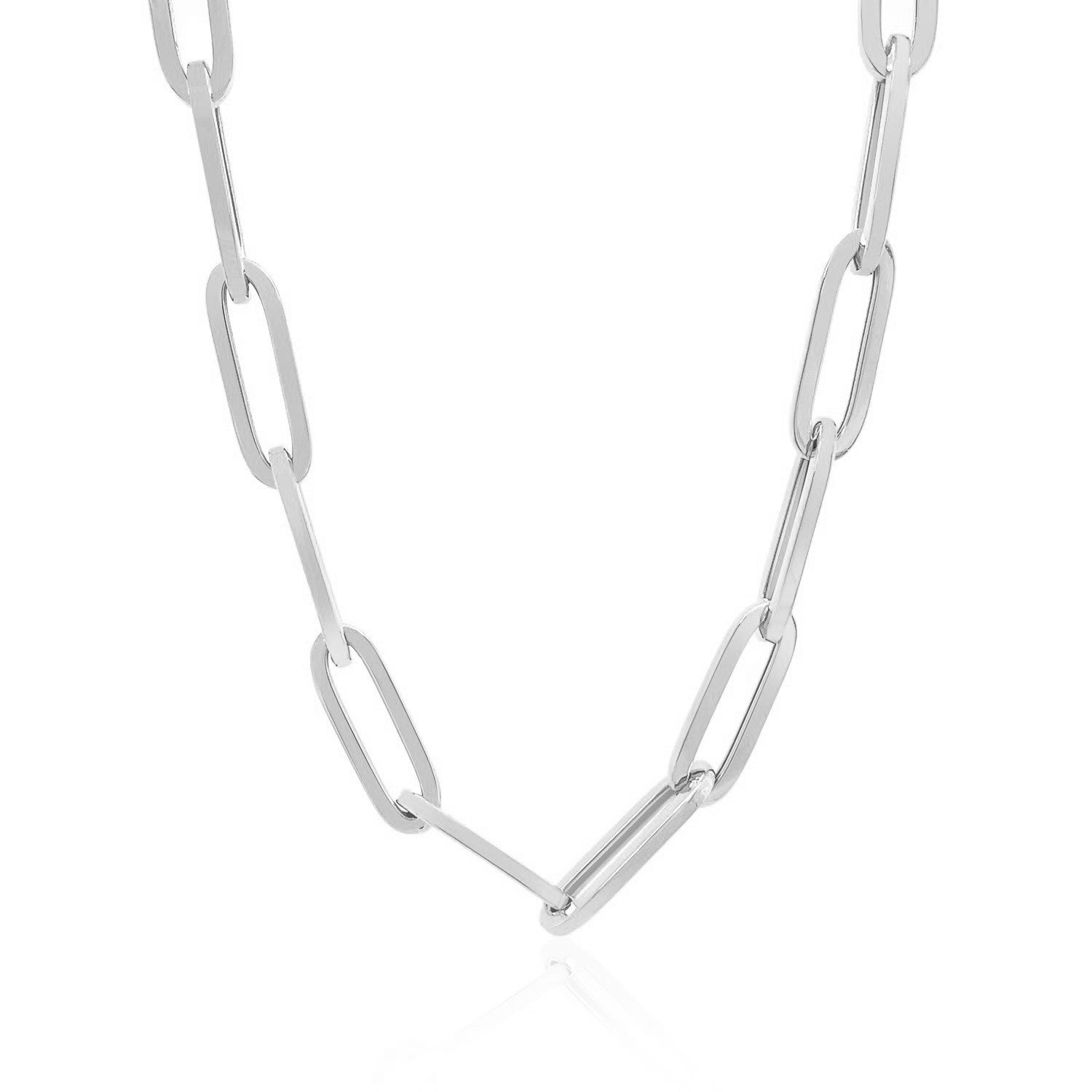 14K white gold wide paperclip chain, modern design with sleek round links, perfect for layering or standalone elegance.