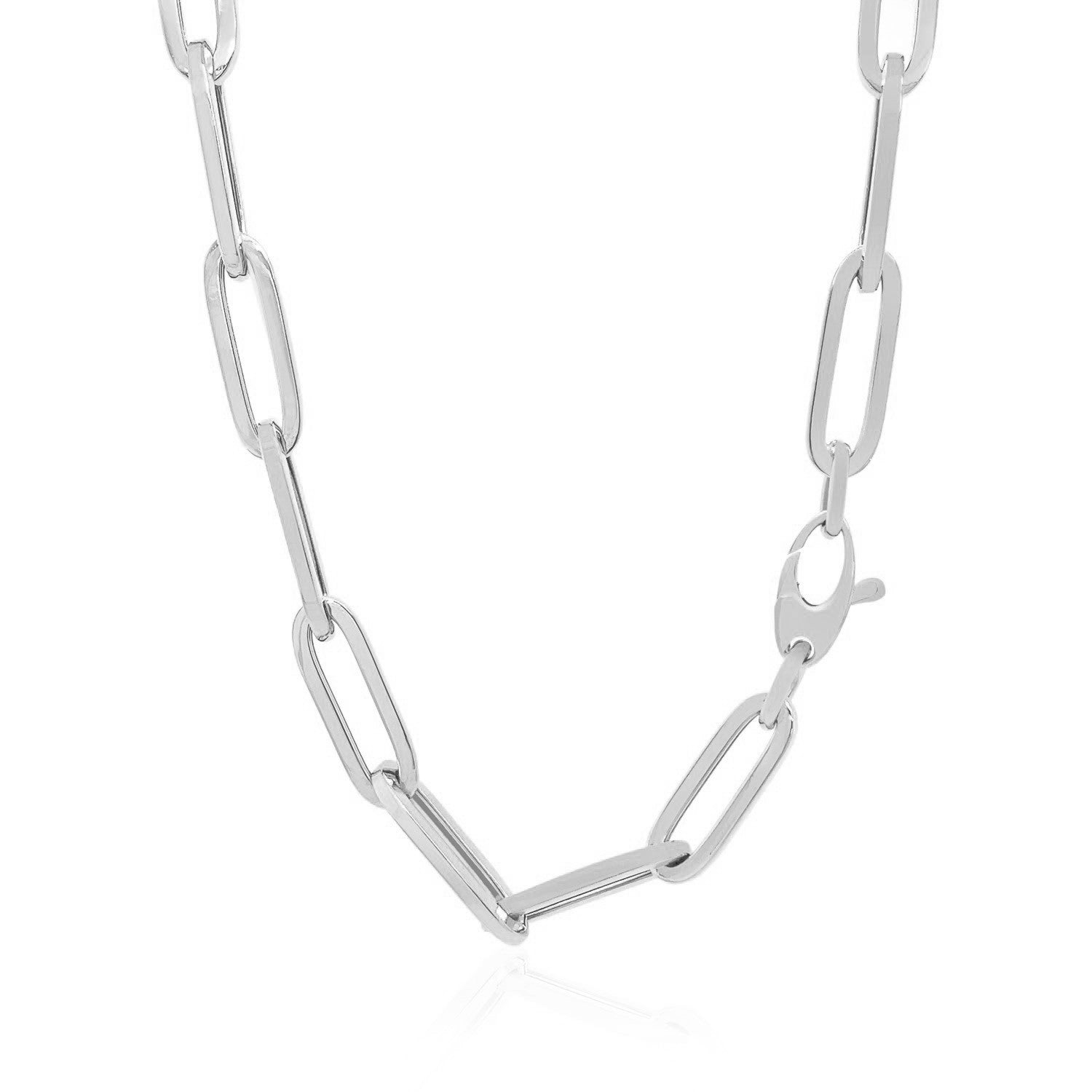 14k white gold wide paperclip chain necklace, modern design with sleek round links, perfect for layering or solo wear.