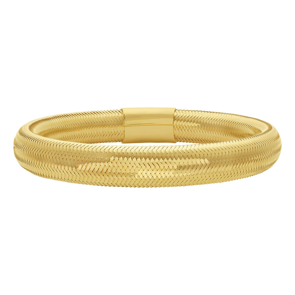 14k yellow gold large stretch mesh bracelet with contemporary design and elegant link detailing.