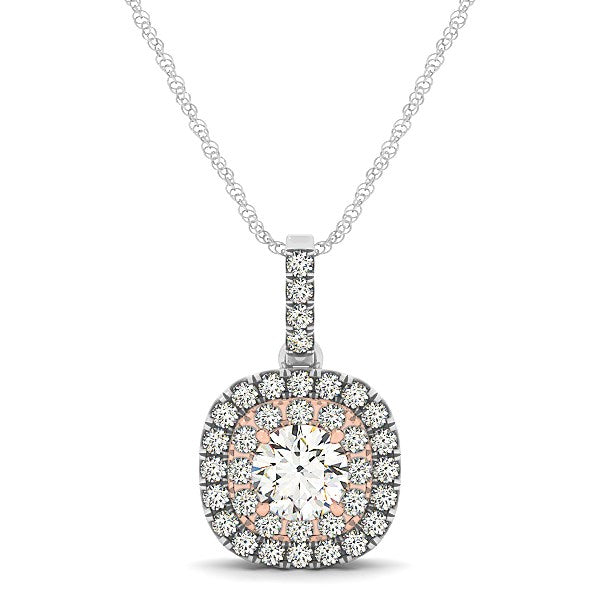 14k white and rose gold cushion halo diamond pendant necklace with modern design and exquisite brilliance.