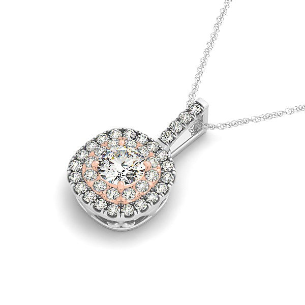 14k white and rose gold cushion halo diamond pendant necklace with modern design and exquisite sparkle.