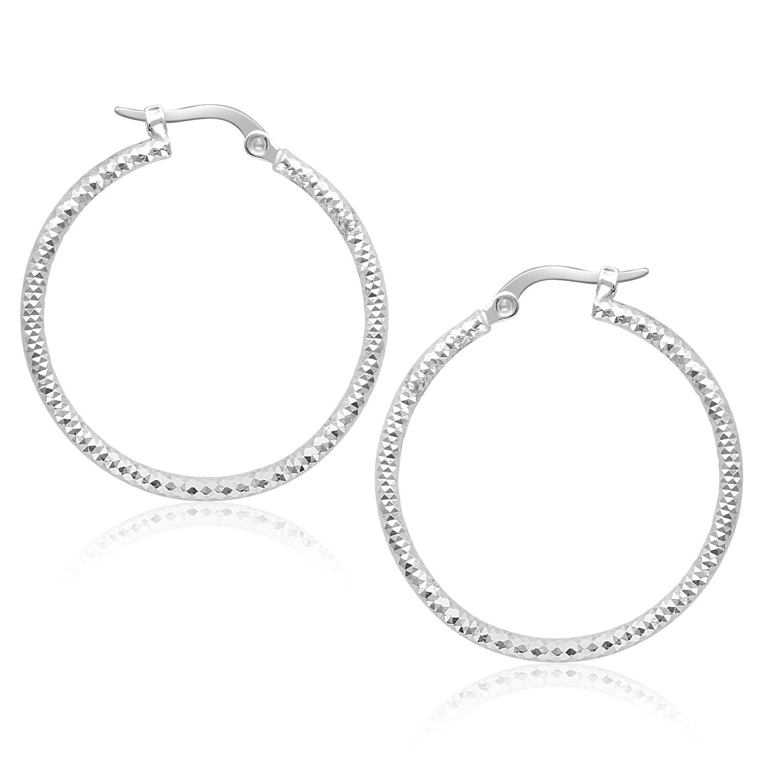 14k white gold textured round hoop earrings, showcasing contemporary elegance and refined craftsmanship.