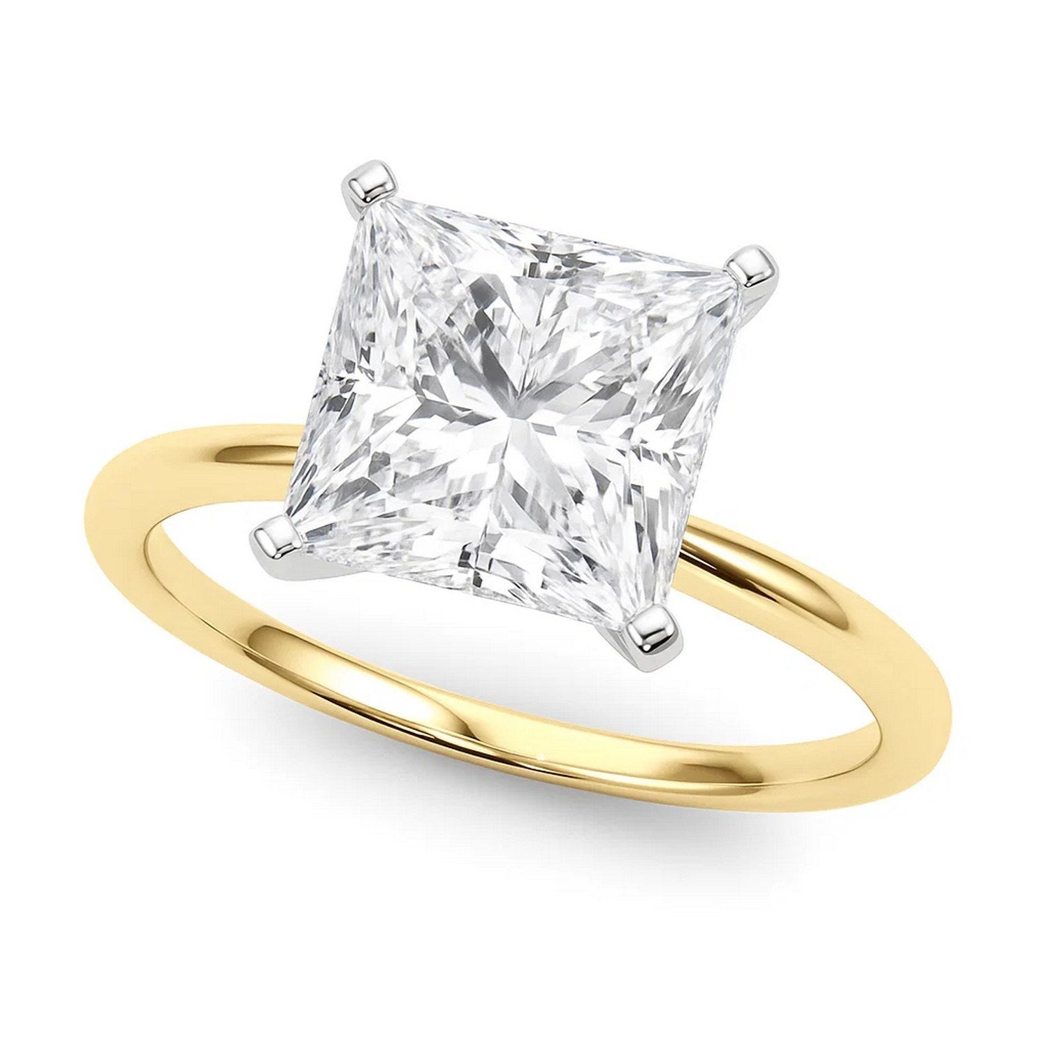 5 carat princess cut diamond solitaire ring in 10K yellow gold, showcasing modern elegance and timeless luxury.