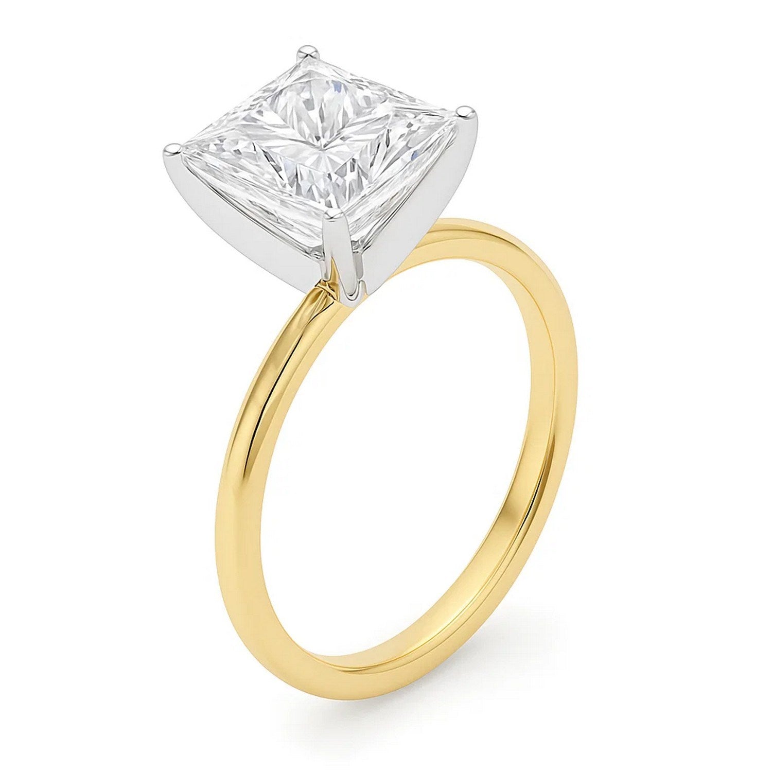 5 carat princess cut diamond solitaire ring in 10K yellow gold, showcasing modern elegance and timeless luxury.
