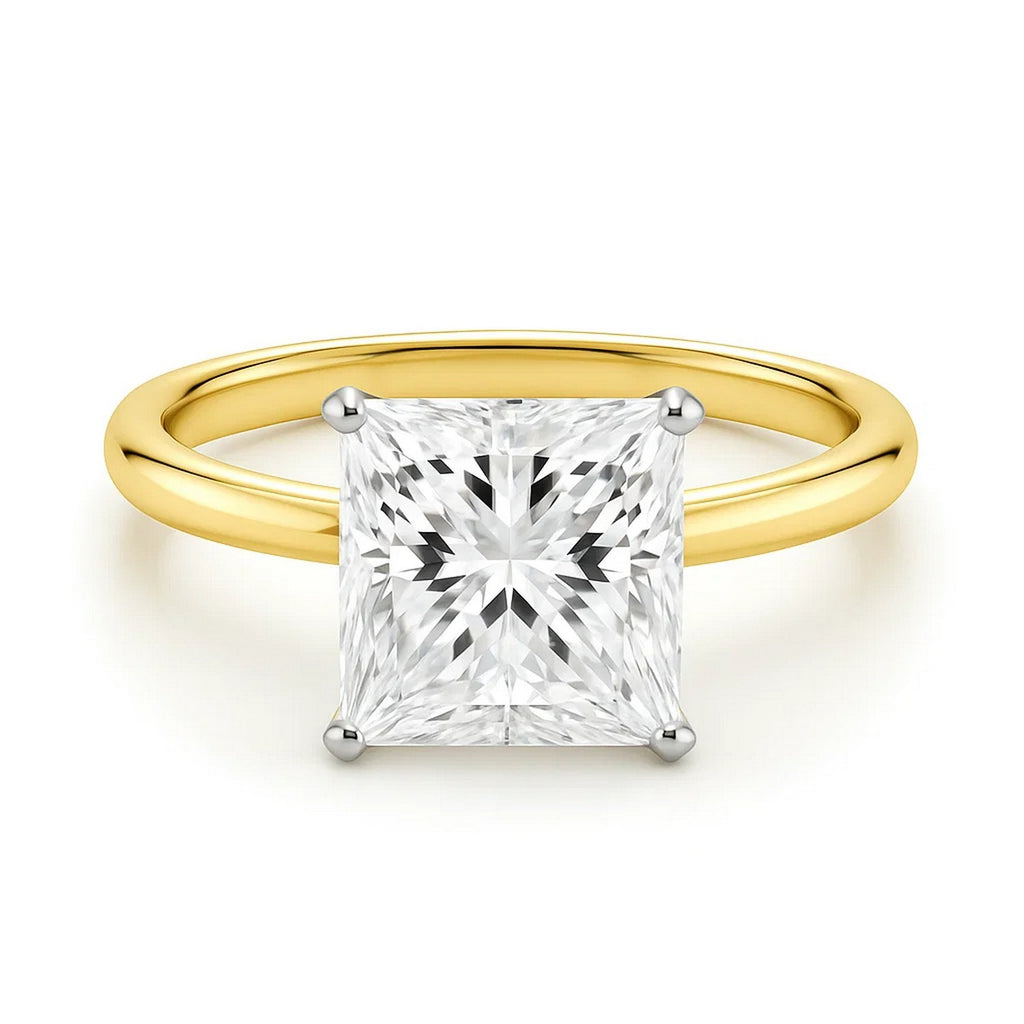 5 carat princess cut diamond solitaire ring in 10K yellow gold, showcasing modern elegance and exquisite craftsmanship.