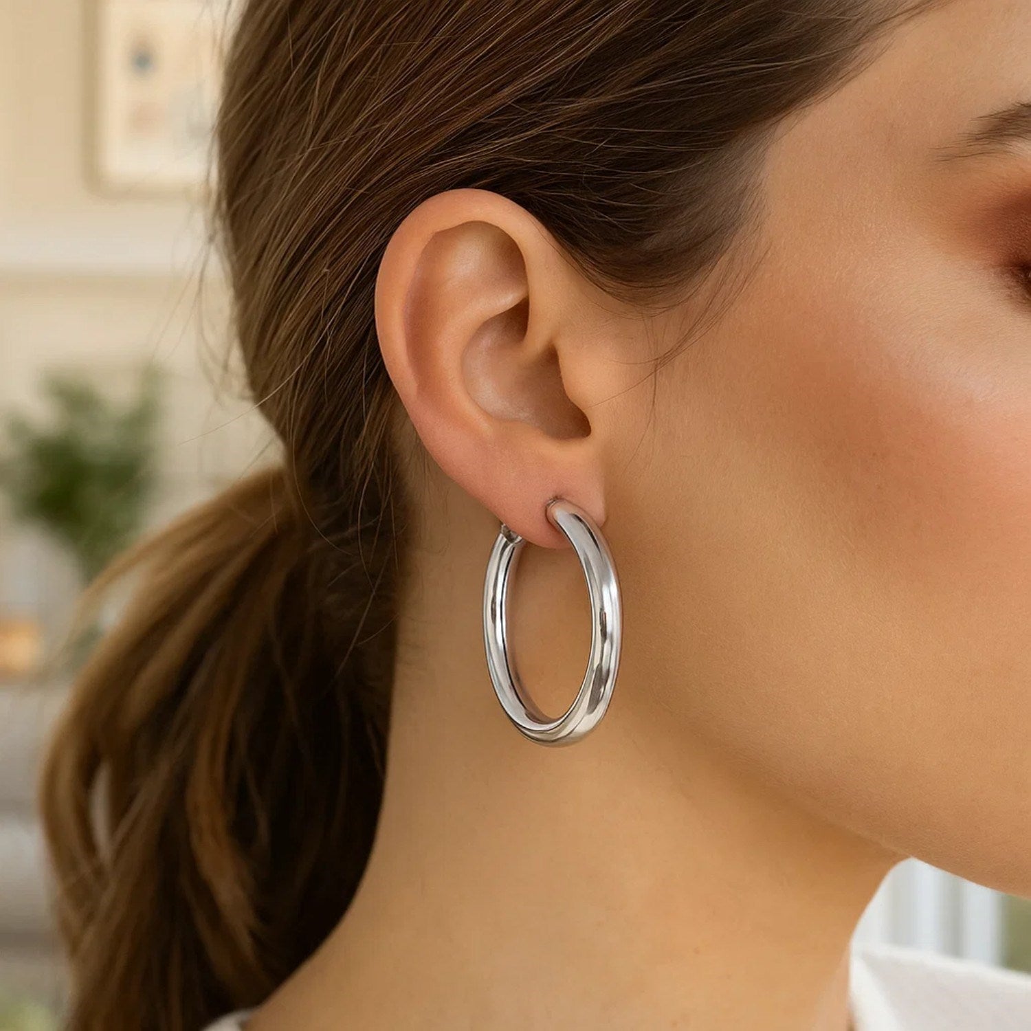 Sterling Silver Polished Thick Hoop Earrings (4x35mm)