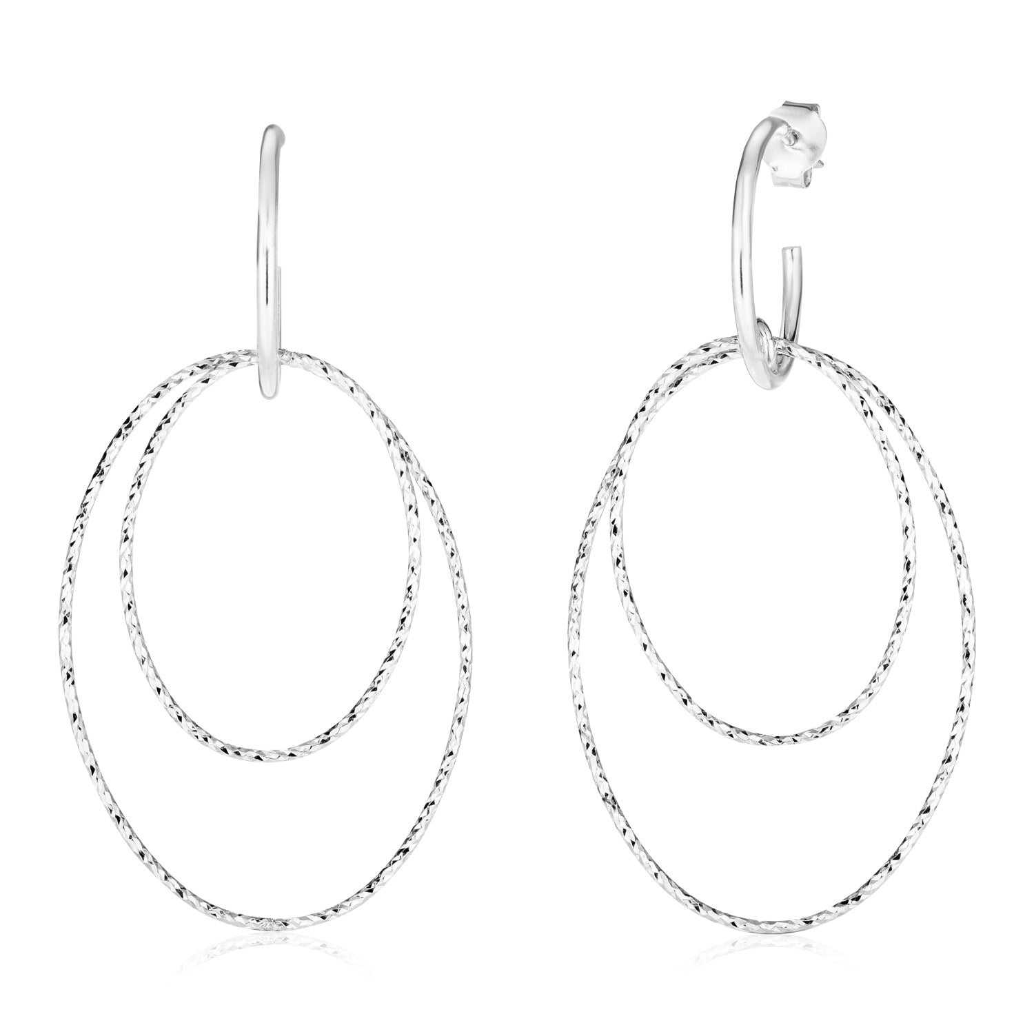 Sterling silver textured double oval dangle earrings with modern hoop design for elegant sophistication.