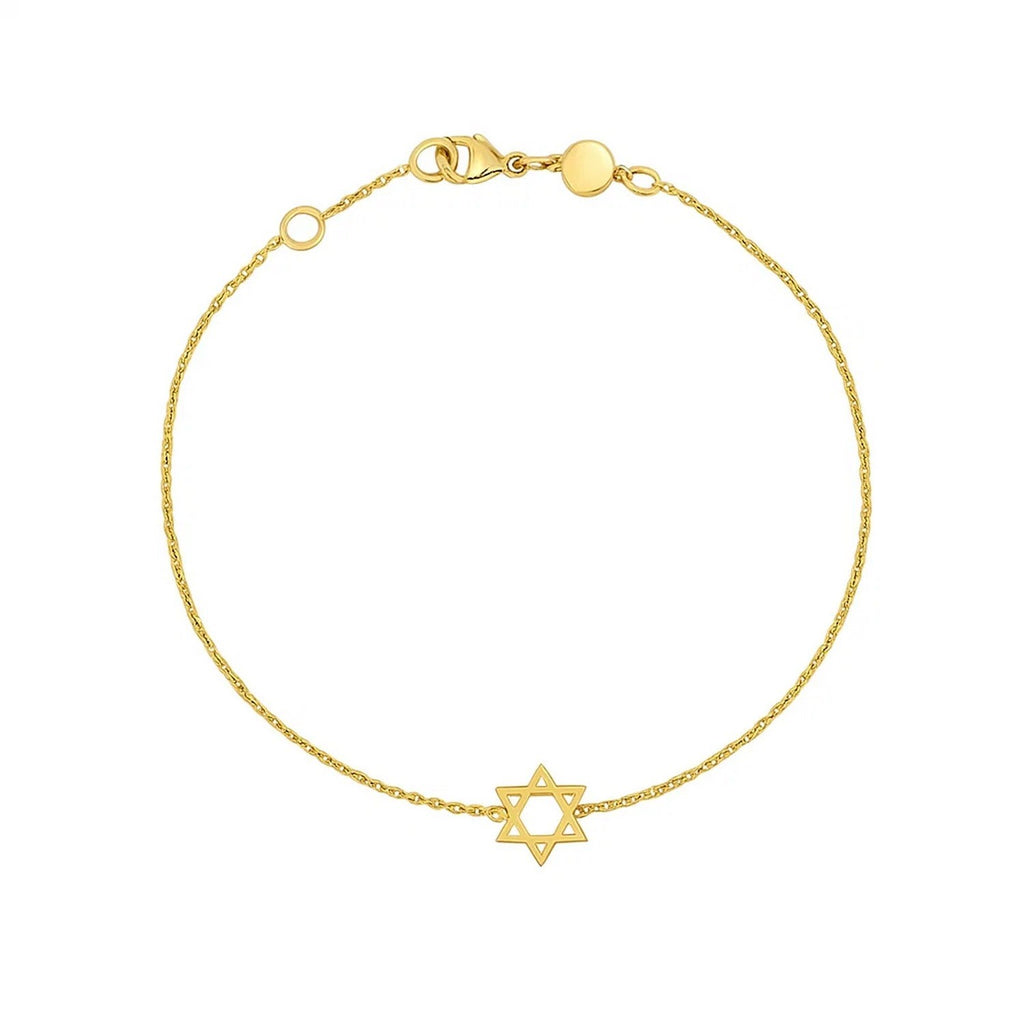 Elegant 14k yellow gold Star of David bracelet featuring a delicate chain design, perfect for luxury jewelry lovers.