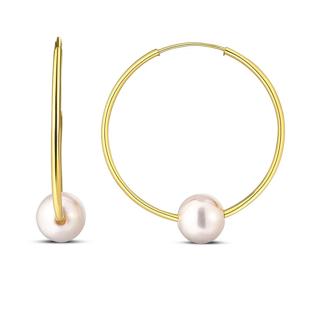 14k yellow gold endless pearl hoop earrings featuring elegant round design for a timeless luxury look.