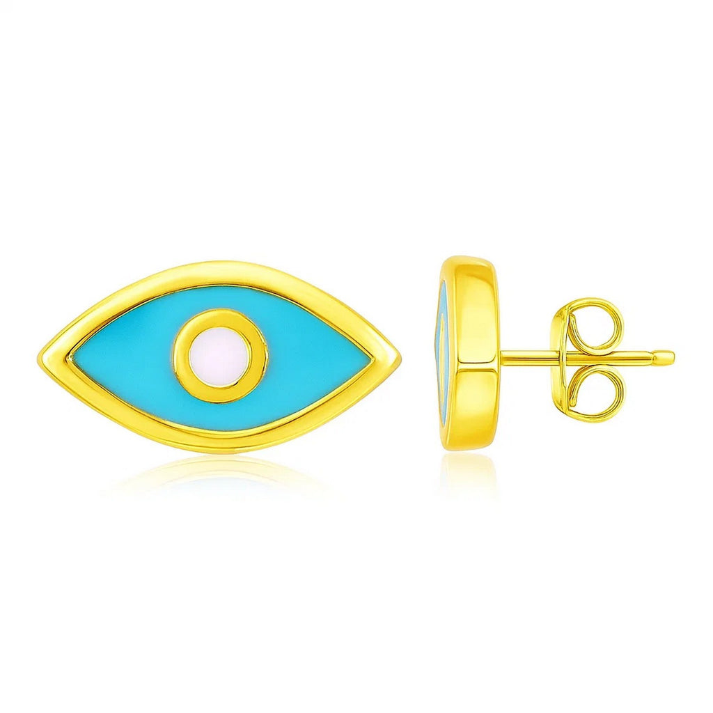 14k yellow gold dangle earrings featuring a vibrant blue enamel evil eye design, perfect for modern elegance.