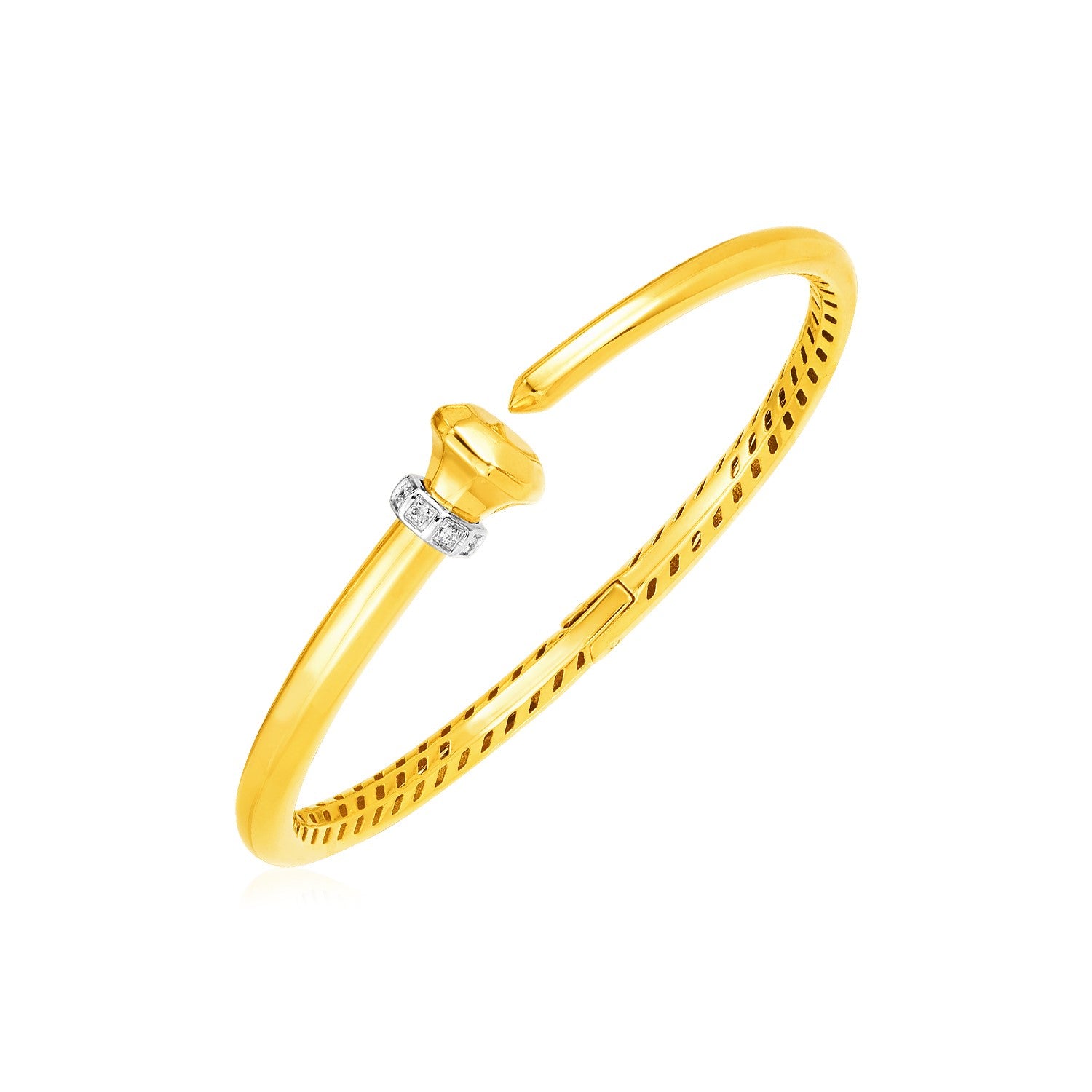 14k yellow gold hinged bangle bracelet adorned with sparkling diamonds, showcasing a modern luxury design.