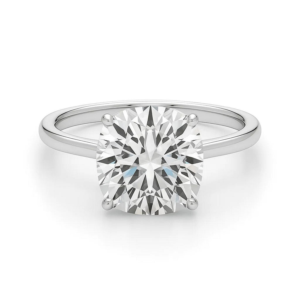 5 carat cushion cut diamond solitaire ring in 10K white gold, showcasing contemporary elegance and brilliance.