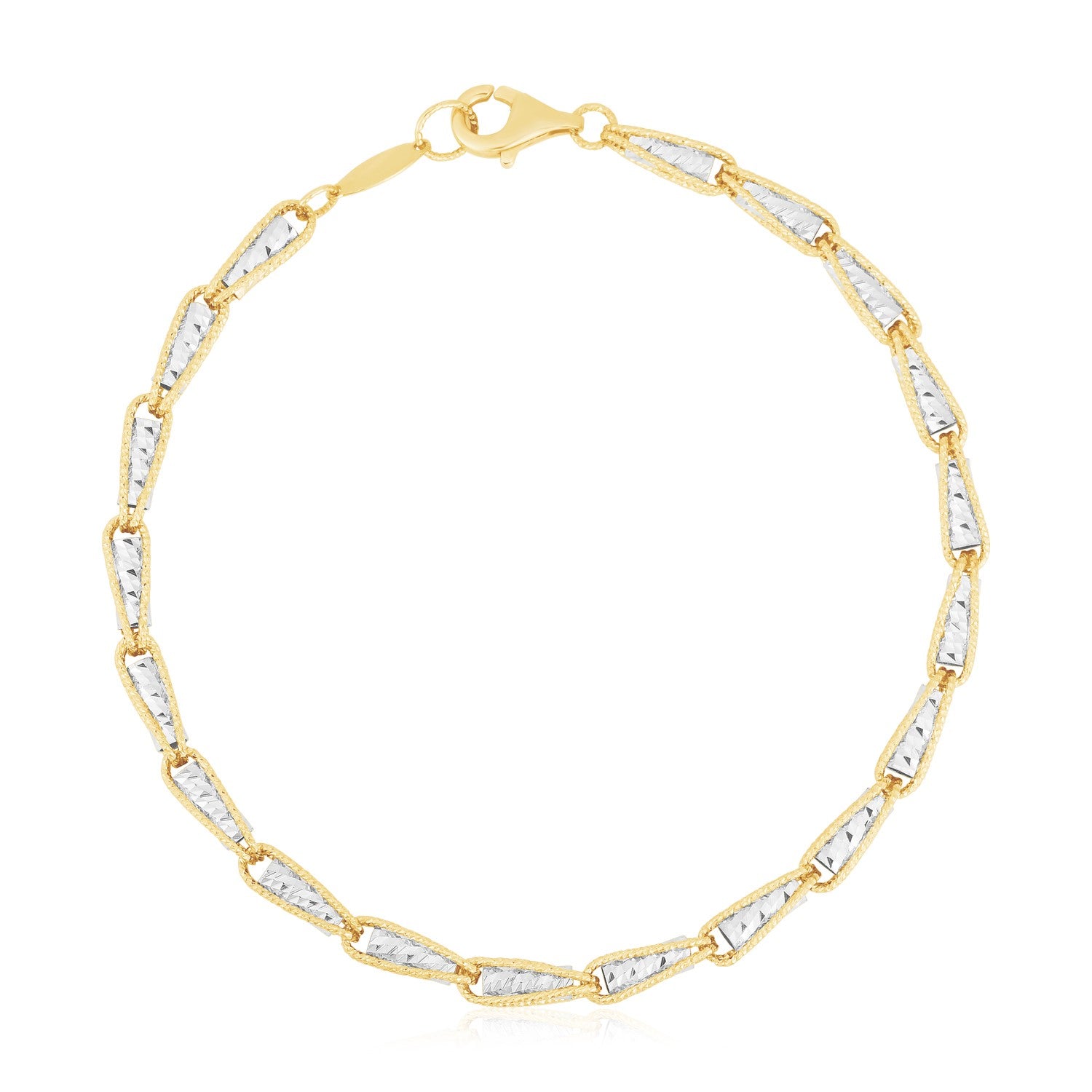 14k two-tone gold high polish diamond cut link chain bracelet, classic design with elegant shine and luxurious appeal.