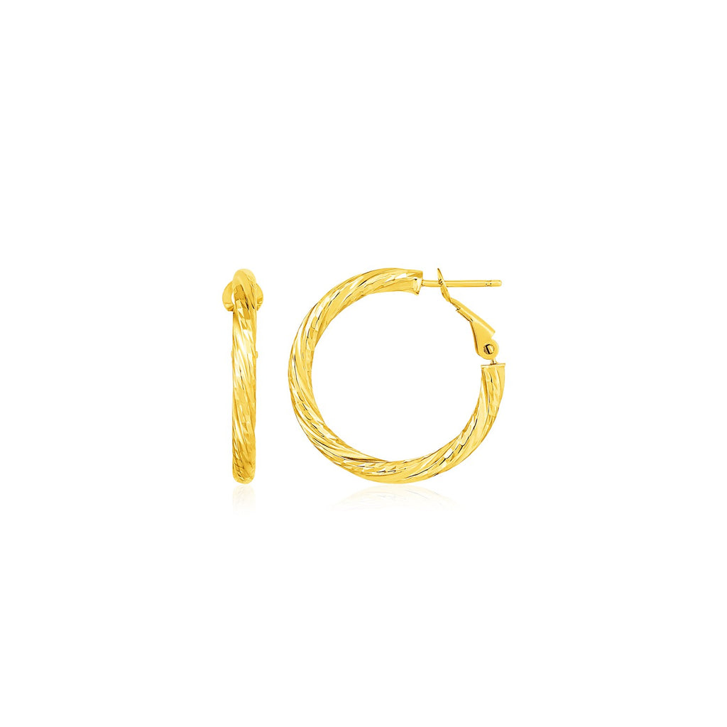 14k yellow gold petite twisted hoop earrings with a modern design, perfect for elegant everyday wear.