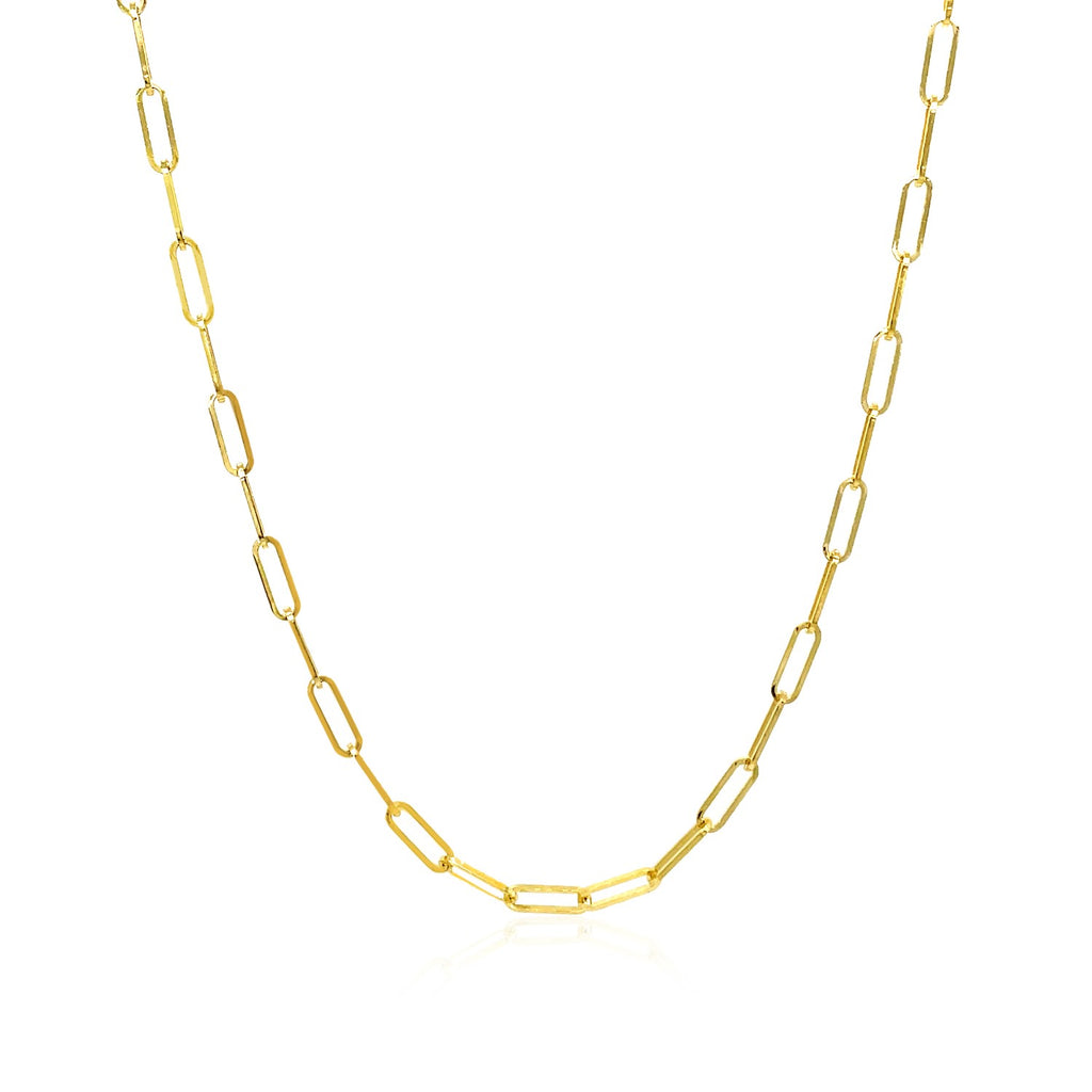 14k yellow gold delicate paperclip chain, modern design with sleek round links, perfect for layering or solo wear.