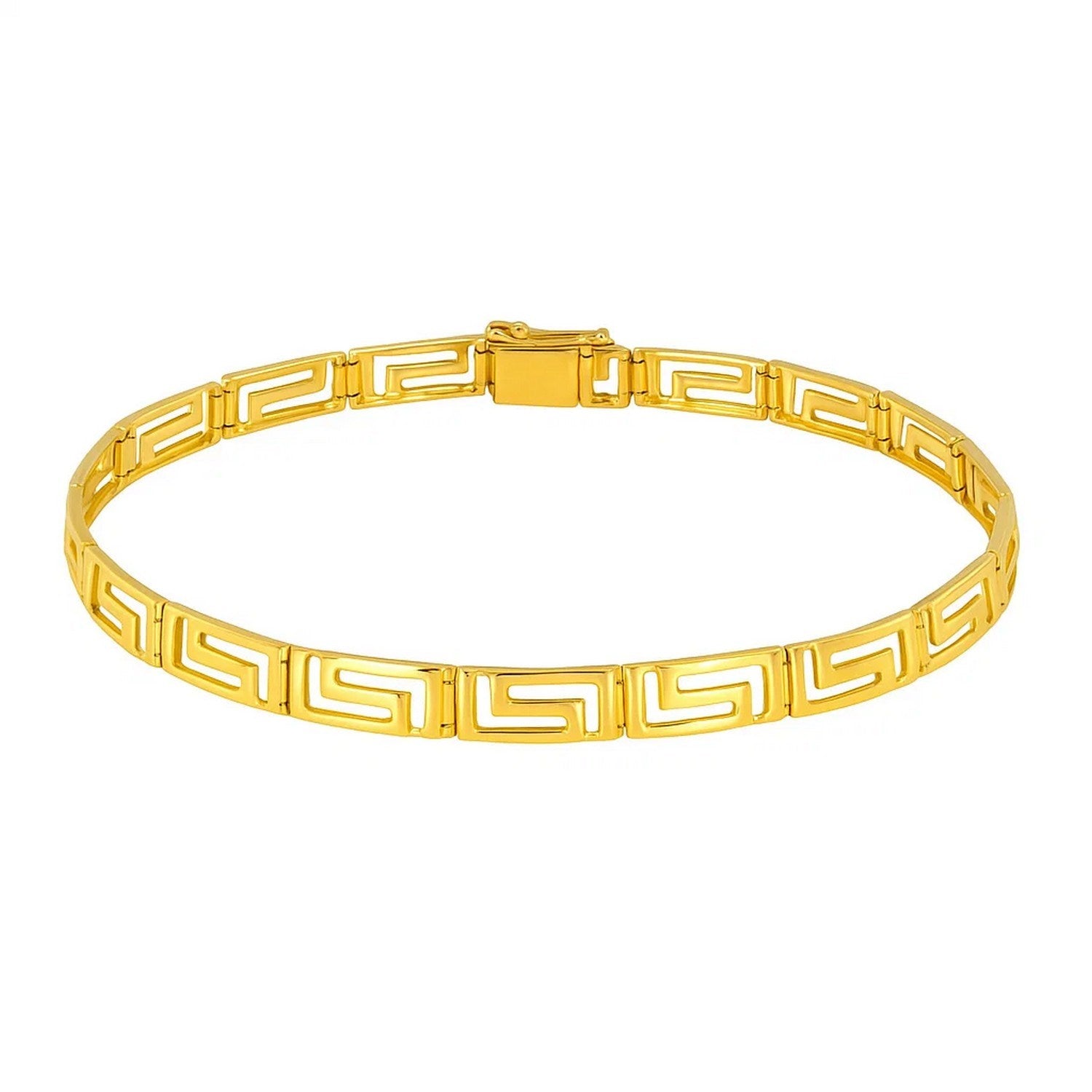 Elegant 14k yellow gold bracelet featuring a fancy Greek key motif and delicate chain design, perfect for luxury styling.