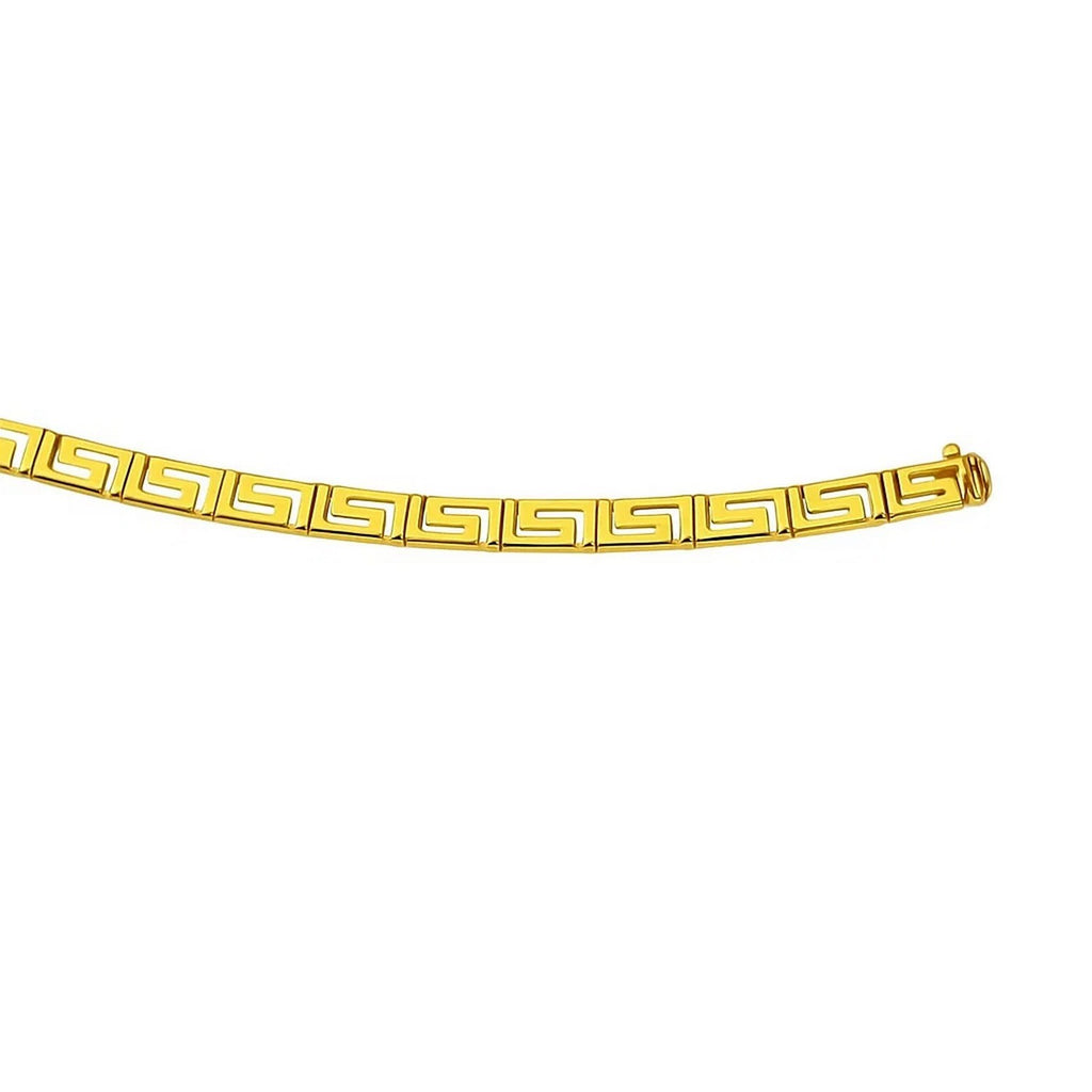 Elegant 14k yellow gold bracelet featuring a sophisticated Greek key motif design, perfect for luxury styling.