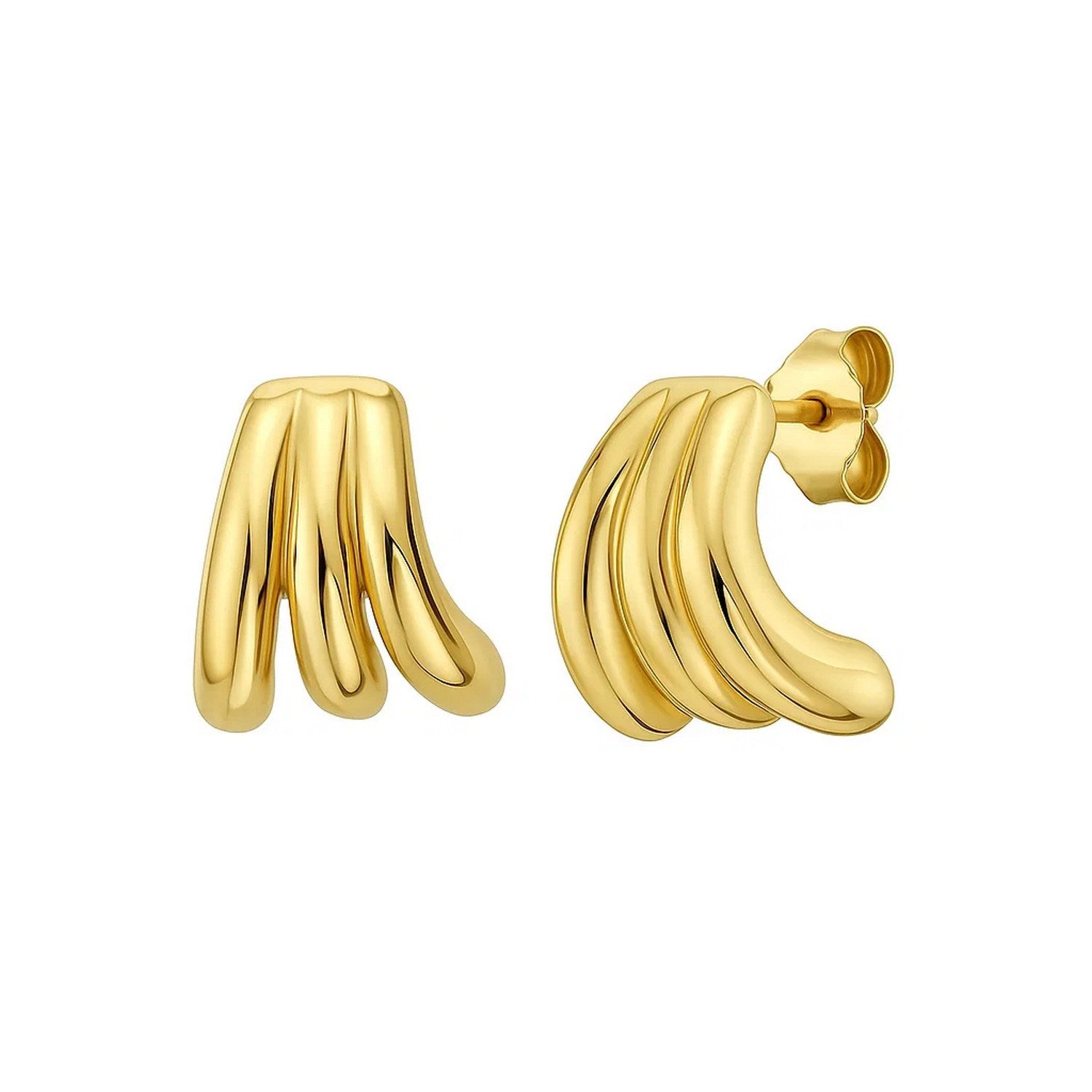 14k yellow gold modern triple row splayed hoop earrings with a sleek, elegant design for a luxurious look.