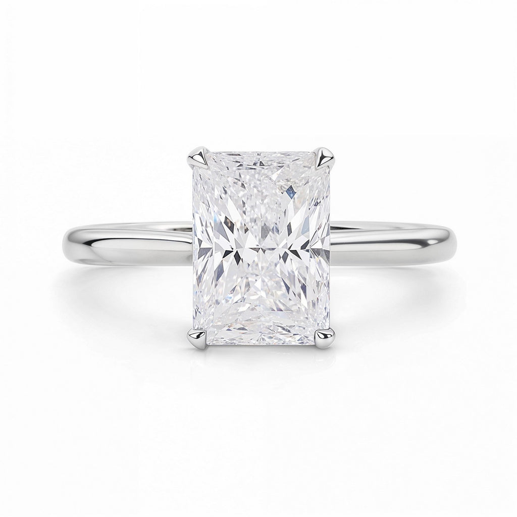 3 carat radiant lab-grown diamond solitaire ring in 14k white gold, showcasing modern elegance and timeless sophistication.
