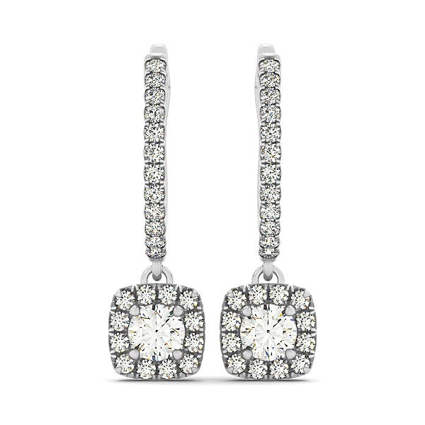 14k white gold cushion shape halo diamond drop earrings, elegantly designed with 1/2 cttw sparkling diamonds.