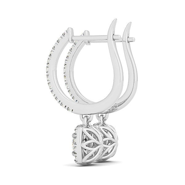 14k white gold cushion shape halo diamond drop earrings, elegantly designed with sparkling diamonds and refined craftsmans...