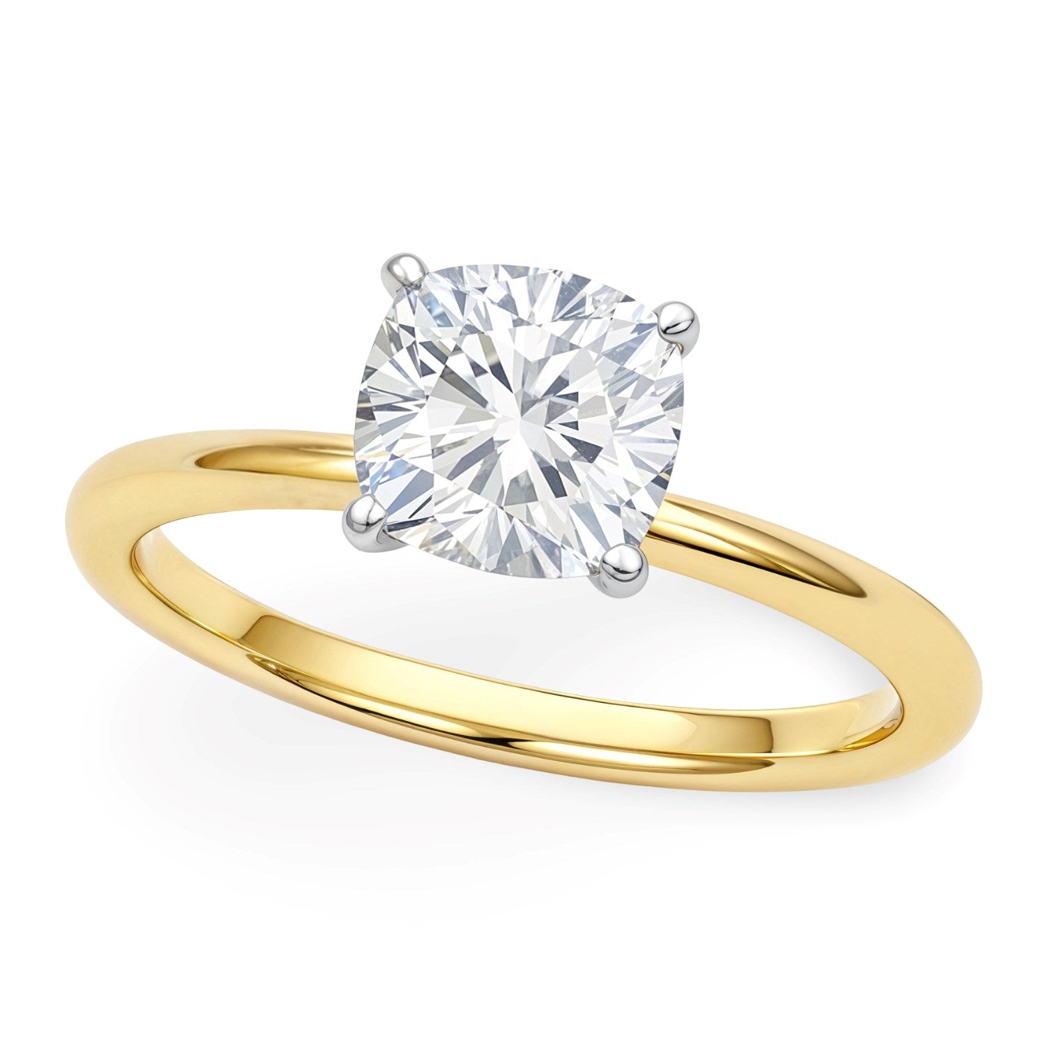 1.50Ct cushion cut lab-grown diamond ring in 14K yellow gold, featuring a modern design and elegant solitaire setting.