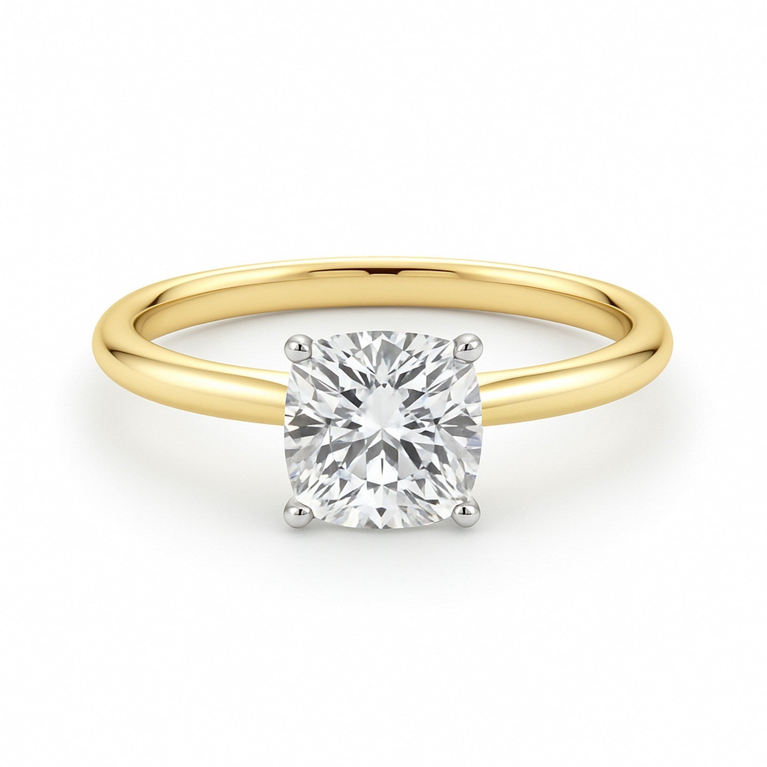 Cushion cut 1.50Ct diamond ring in 14K yellow gold, showcasing modern elegance and exquisite craftsmanship.