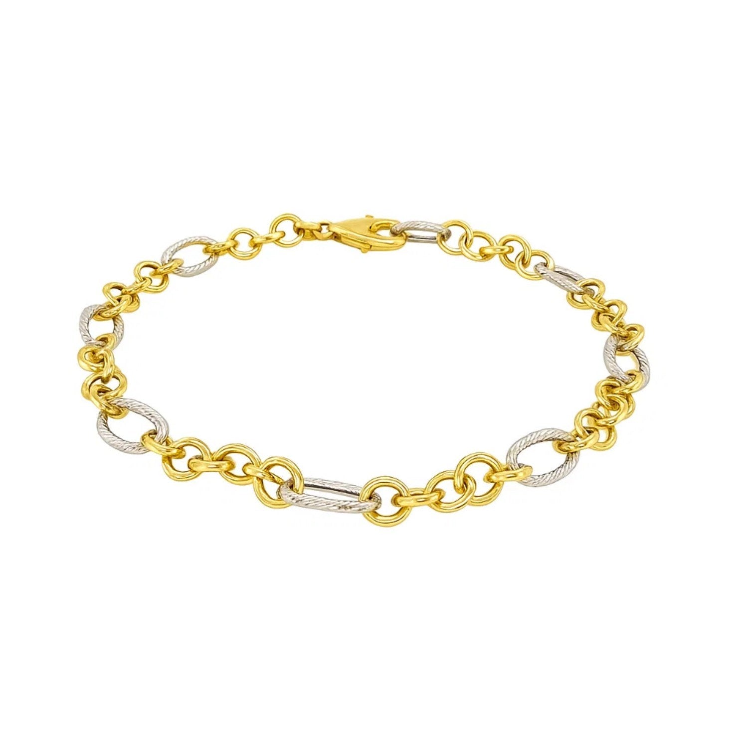 14k two-tone gold rope motif bracelet featuring oval and round links, exuding classic elegance and luxury.