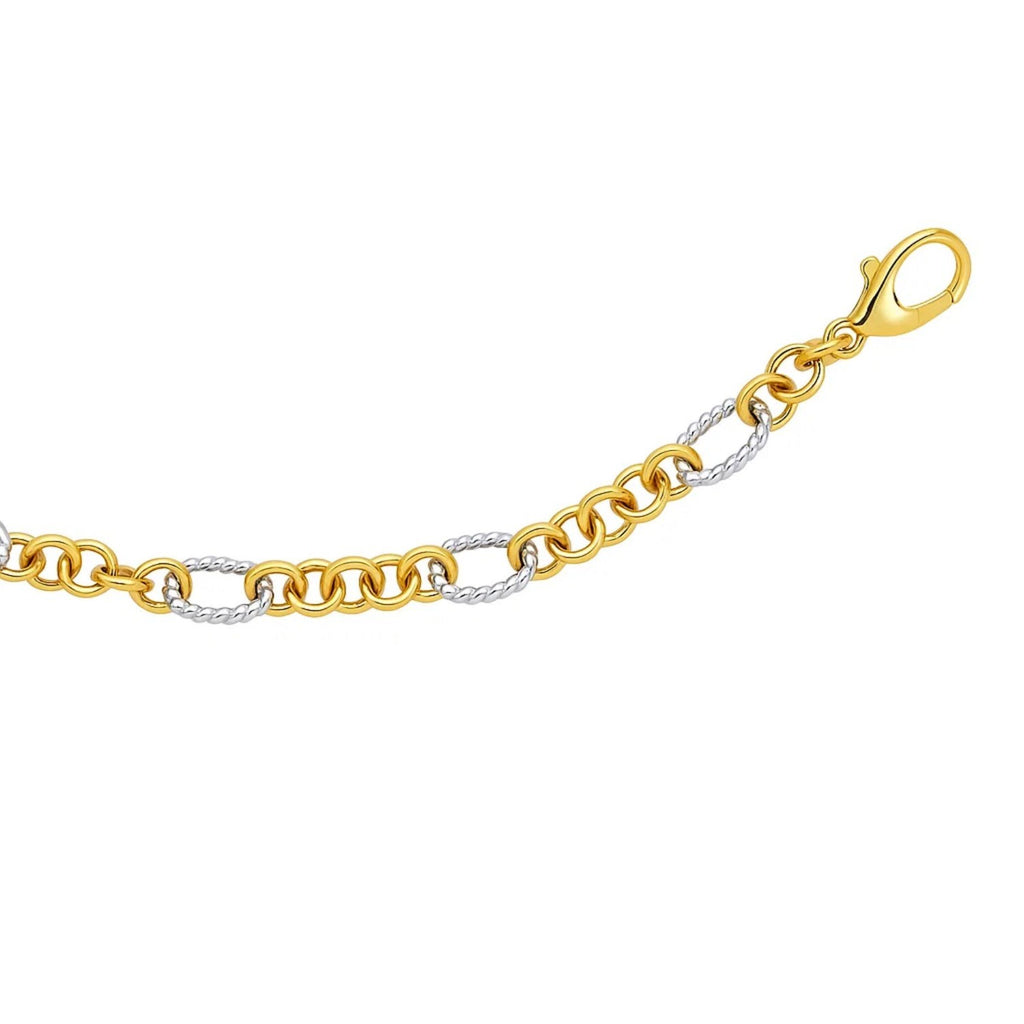 14k two-tone gold rope motif bracelet featuring oval and round links, exuding classic elegance and luxury.