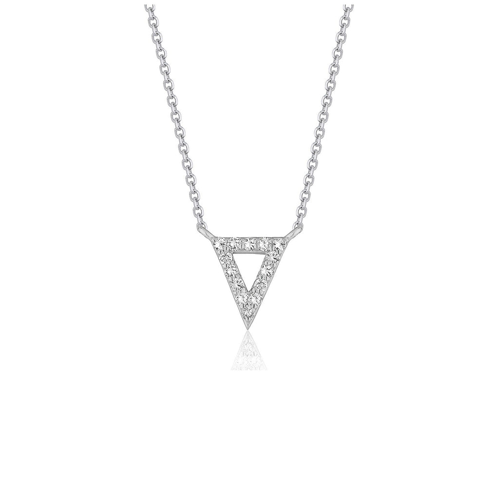 14k white gold diamond inverted triangle pendant necklace with modern chain design, exuding elegance and sophistication.
